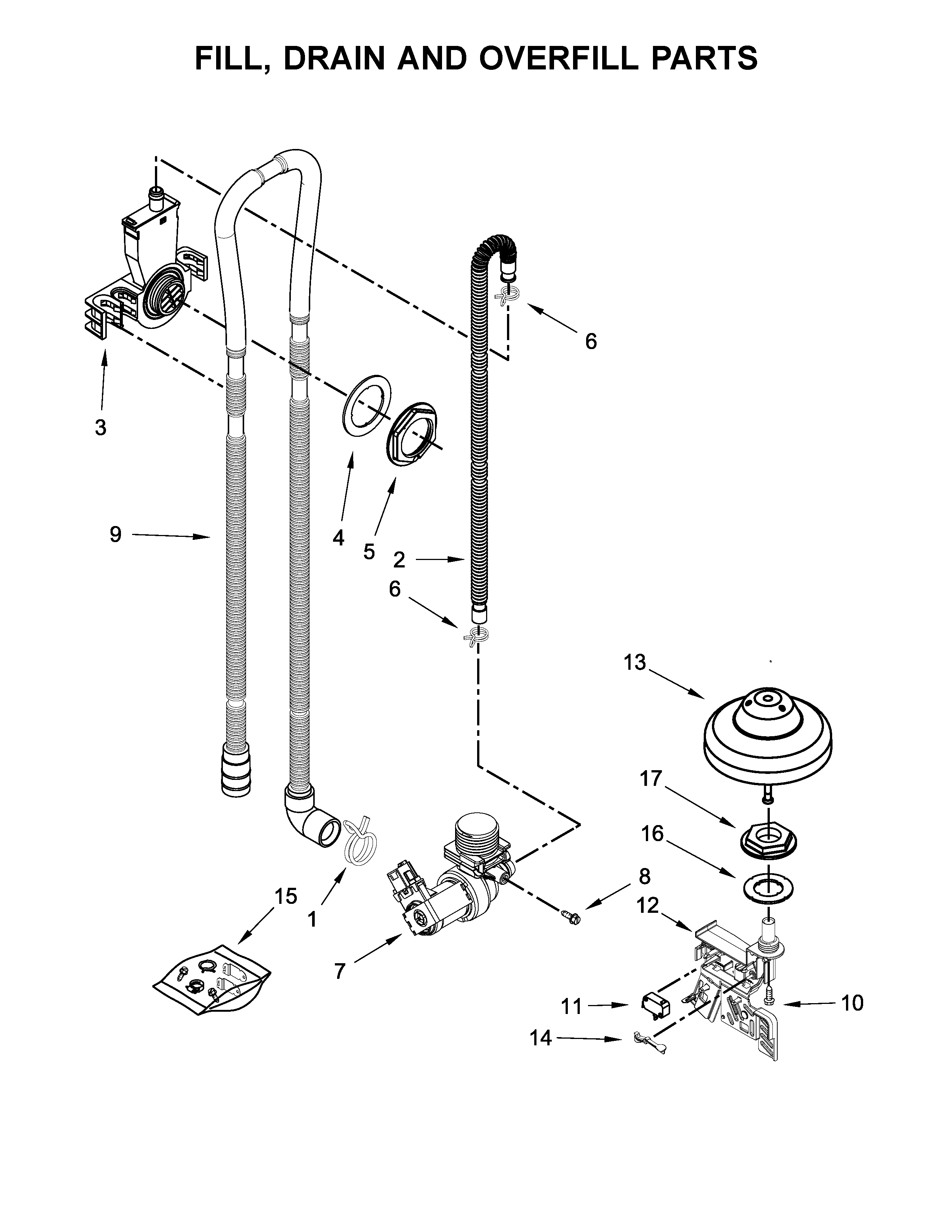 Kenmore 66513543N414 fill, drain and overfill parts diagram