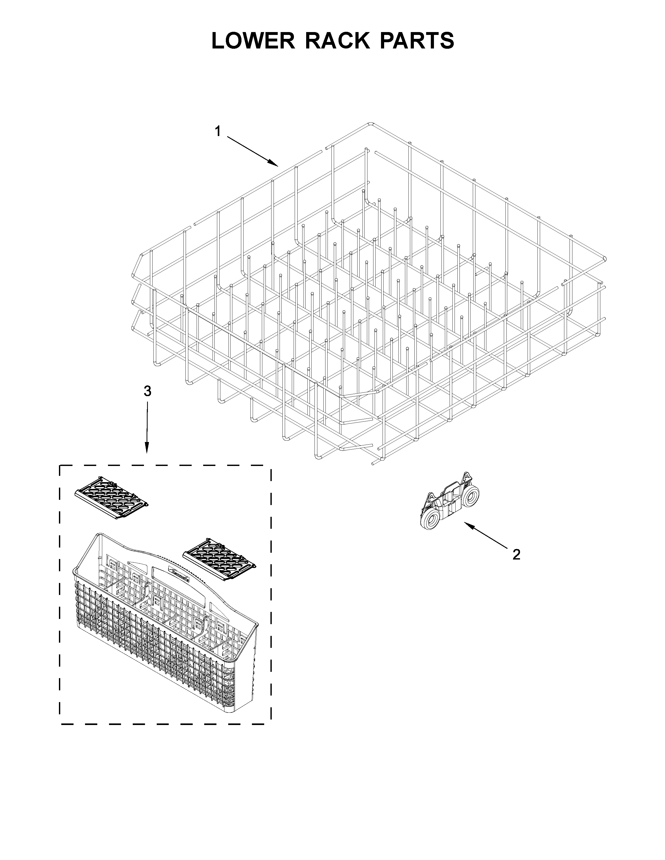 Kenmore 66513543N414 lower rack parts diagram