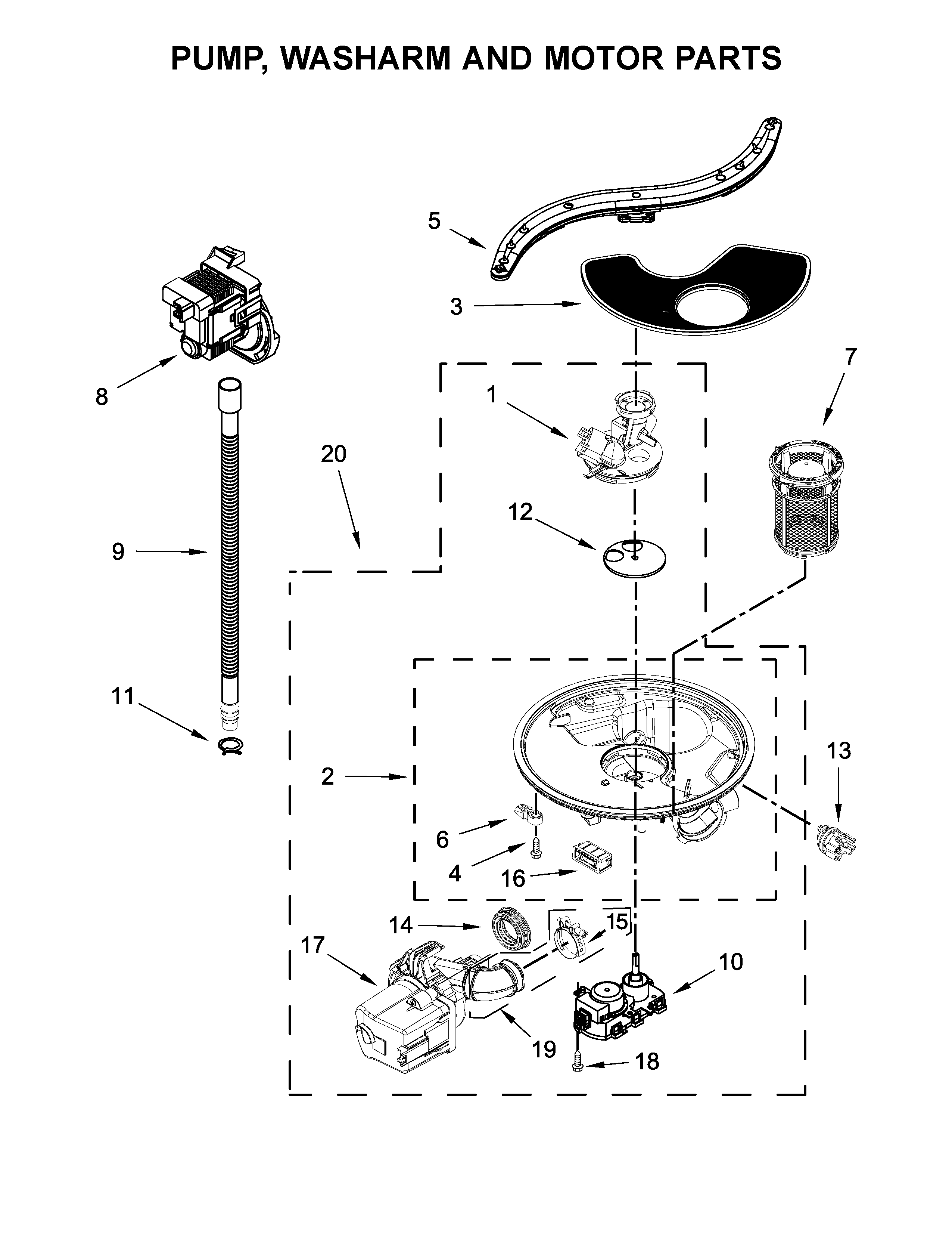Kenmore 66512413N413 pump, washarm and motor parts diagram