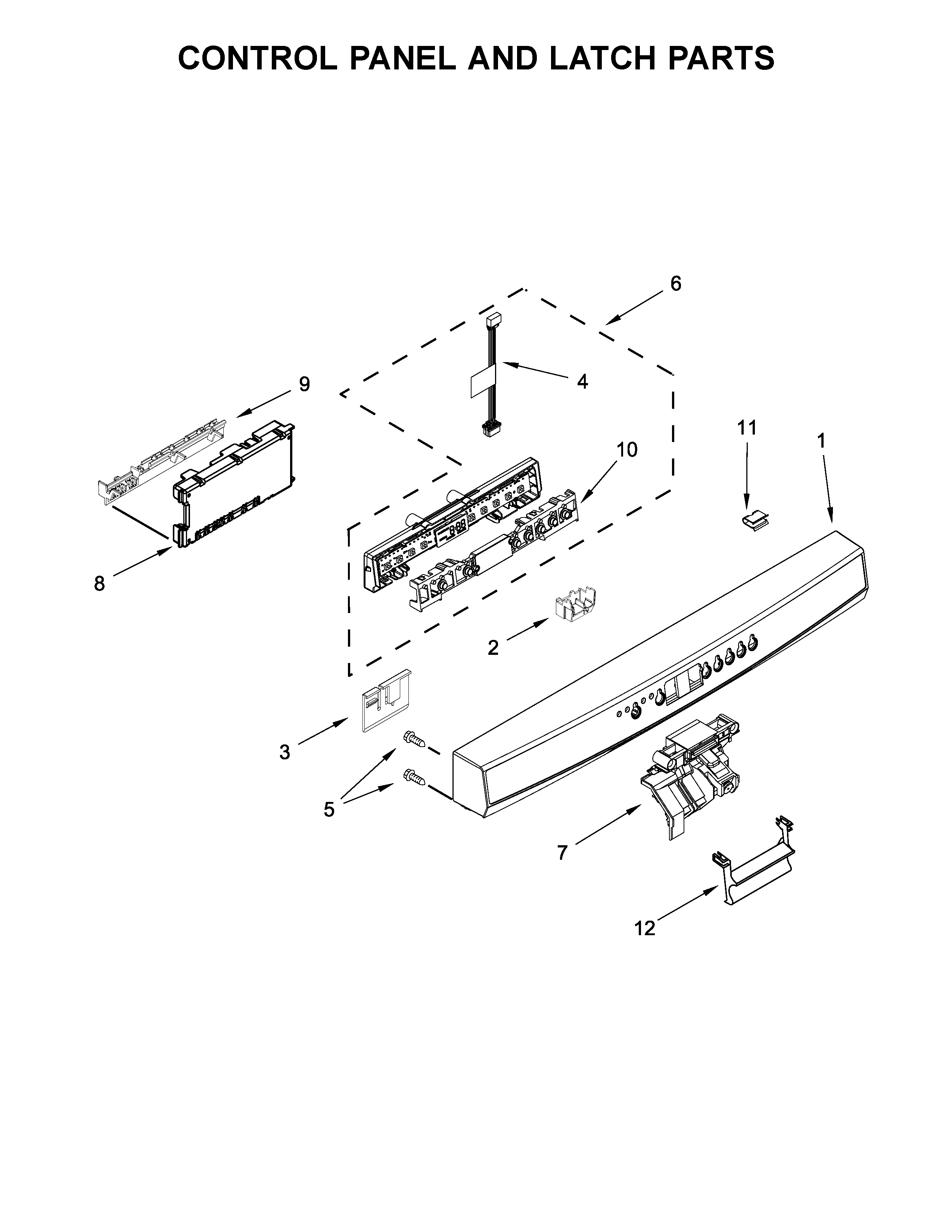 Kenmore 66513223N414 control panel and latch parts diagram