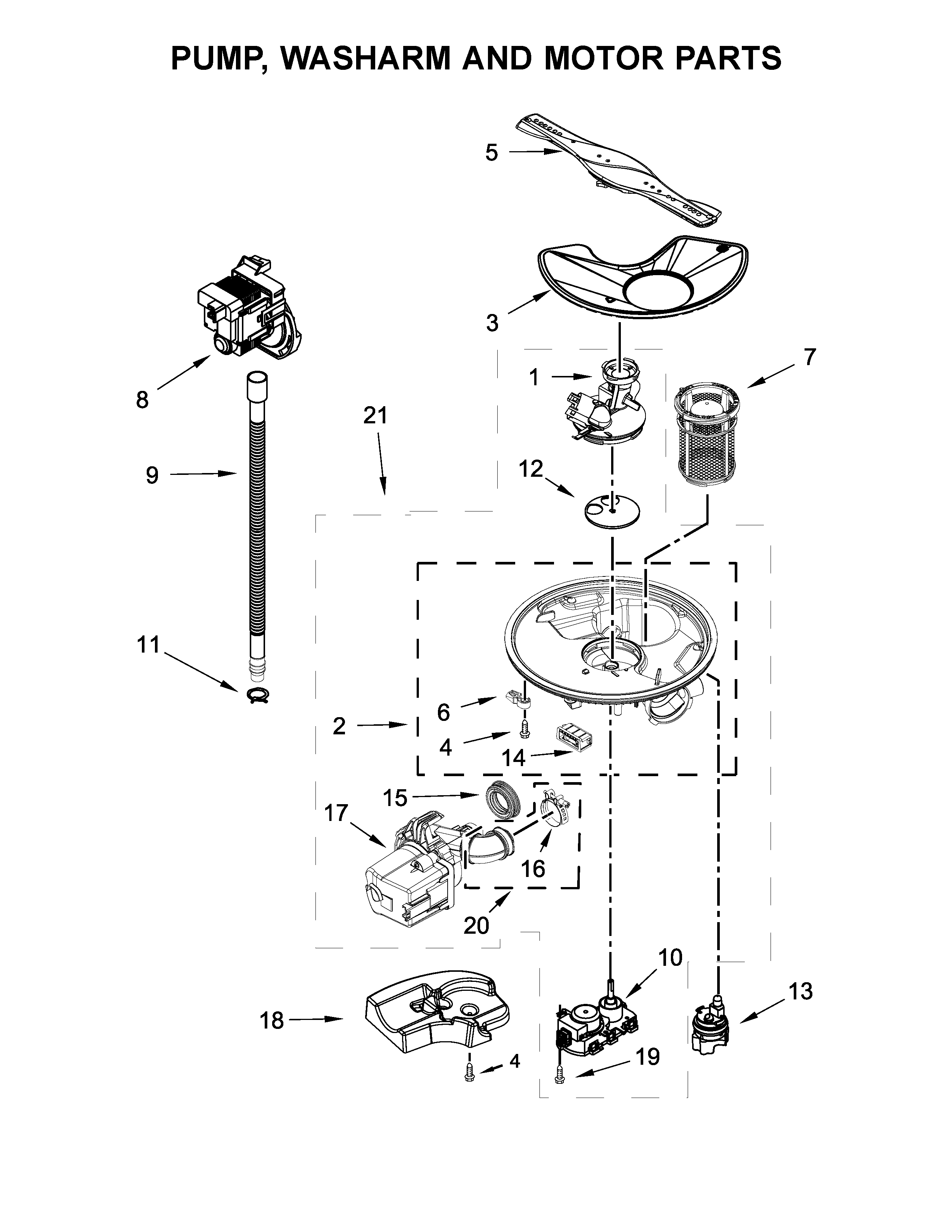 Kenmore 66513223N414 pump, washarm and motor parts diagram
