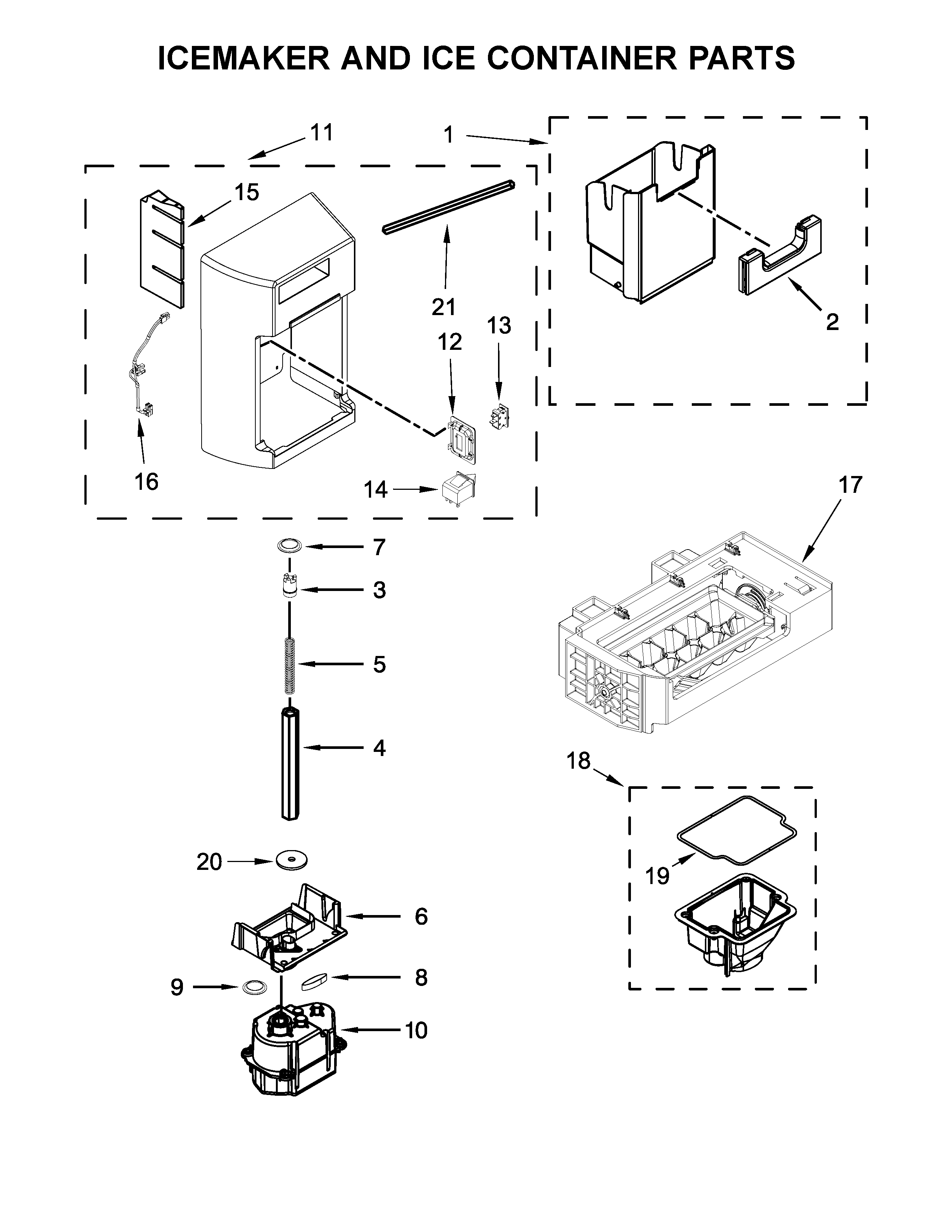 Kenmore 10651764511 icemaker and ice container parts diagram
