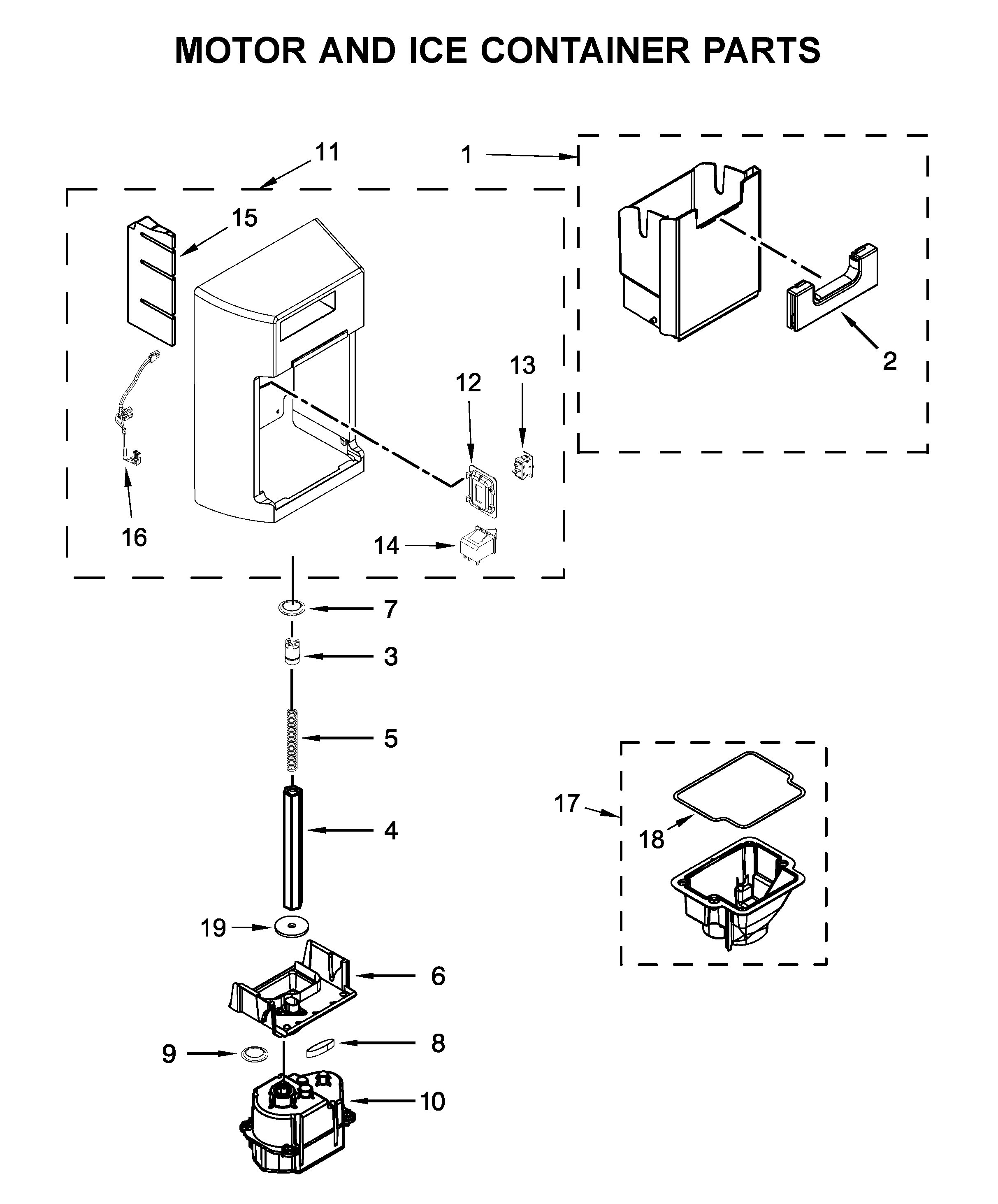 Kenmore 10651783413 motor and ice container parts diagram