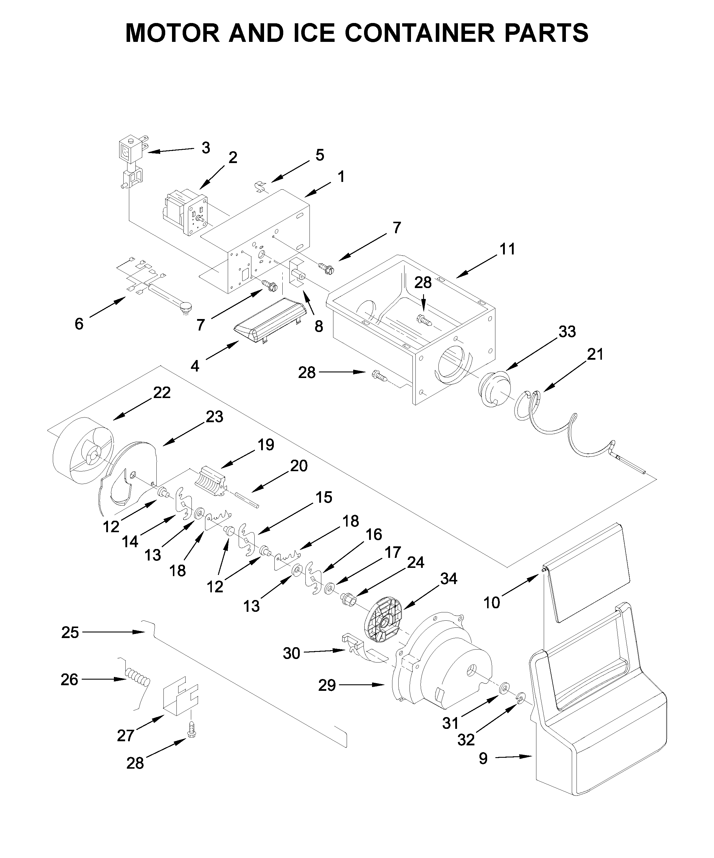 Kenmore 10651729410 motor and ice container parts diagram