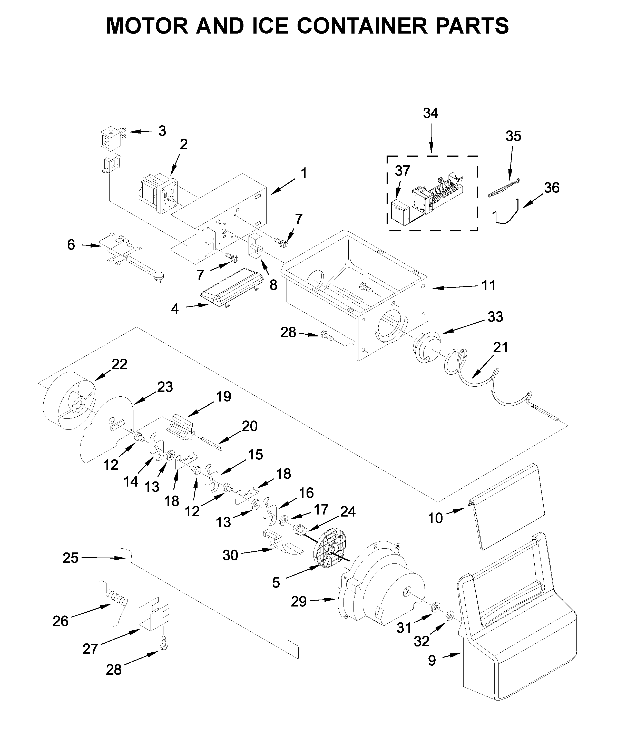 Kenmore 10650043710 motor and ice container parts diagram