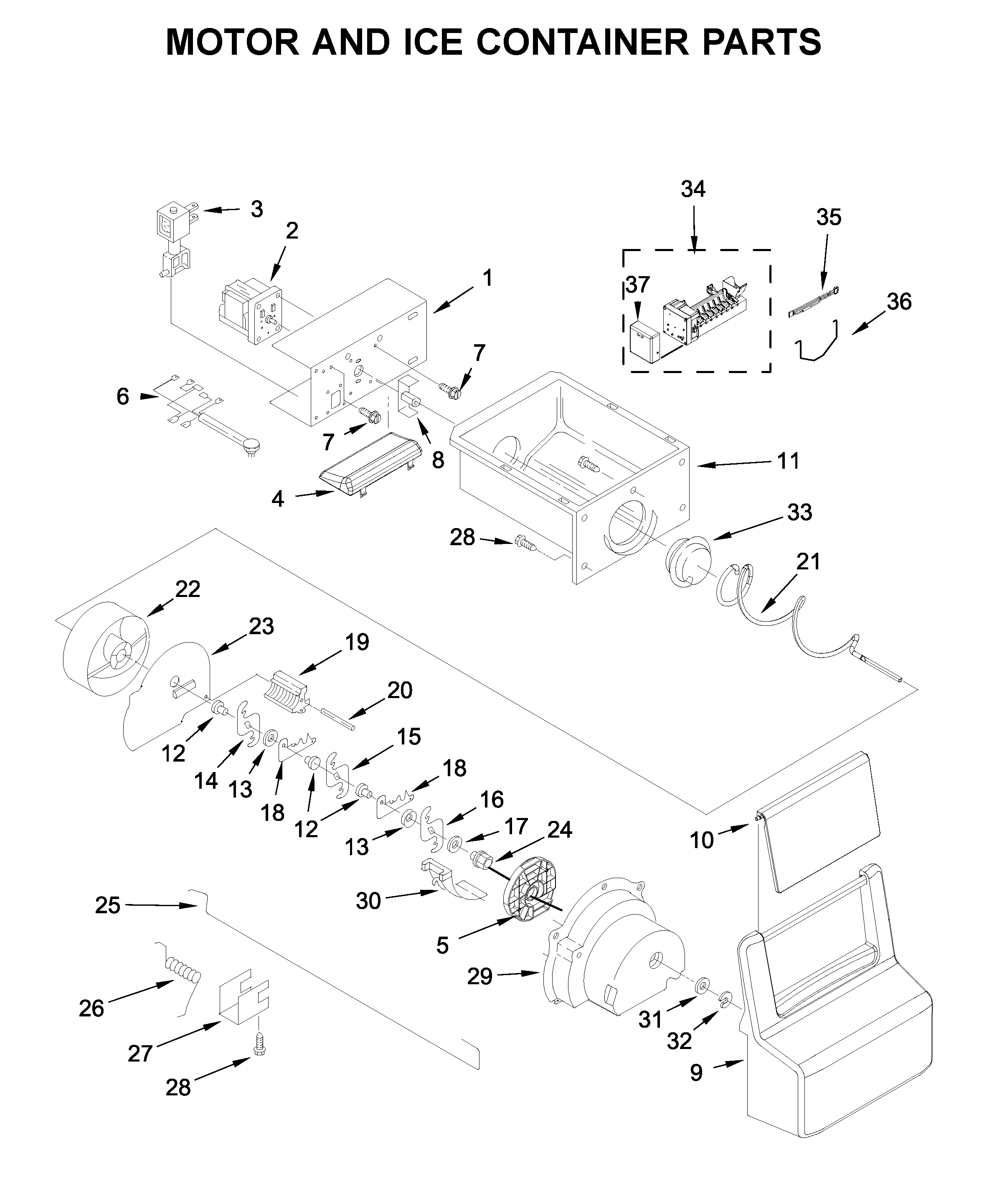 Kenmore 10651759710 motor and ice container parts diagram