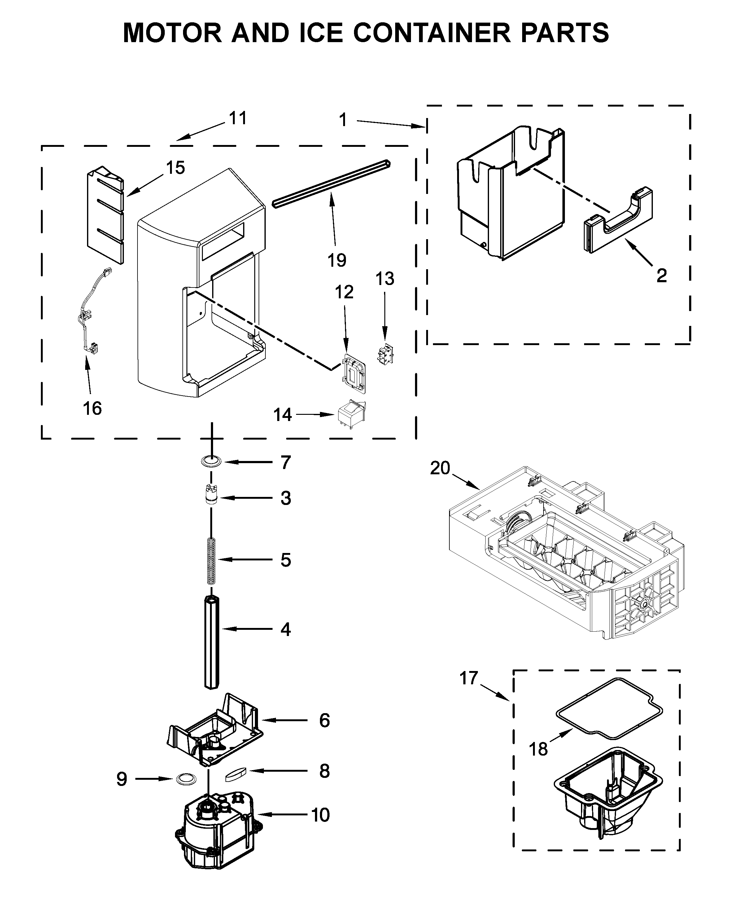 Kenmore 10651332710 motor and ice container parts diagram