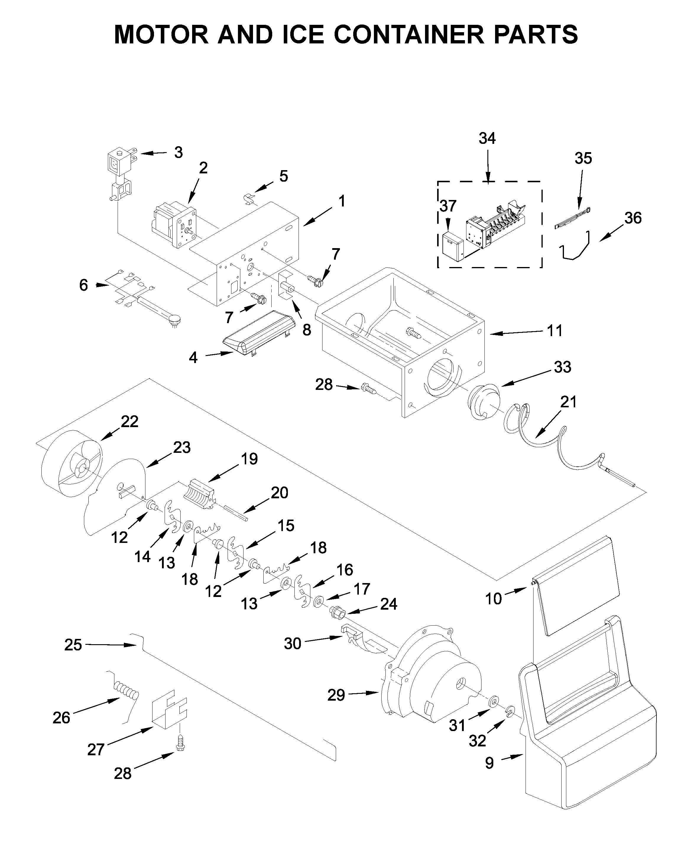 Kenmore 10651119710 motor and ice container parts diagram