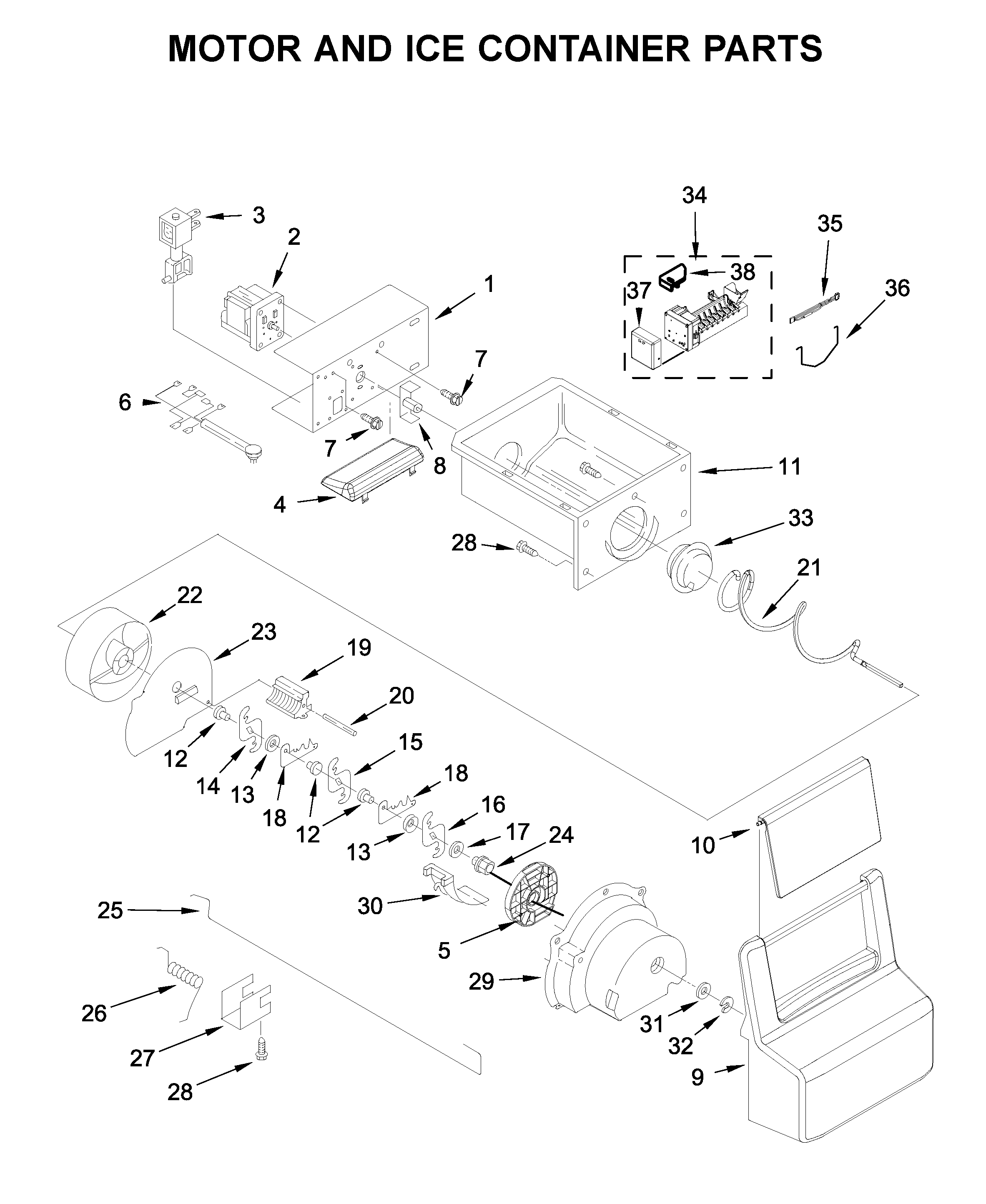 Kenmore 10650045710 motor and ice container parts diagram