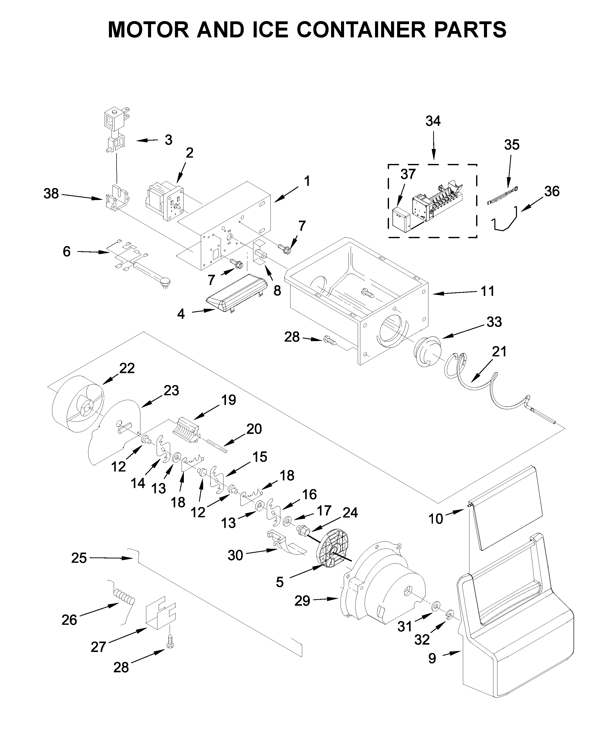 Kenmore 10651752711 motor and ice container parts diagram