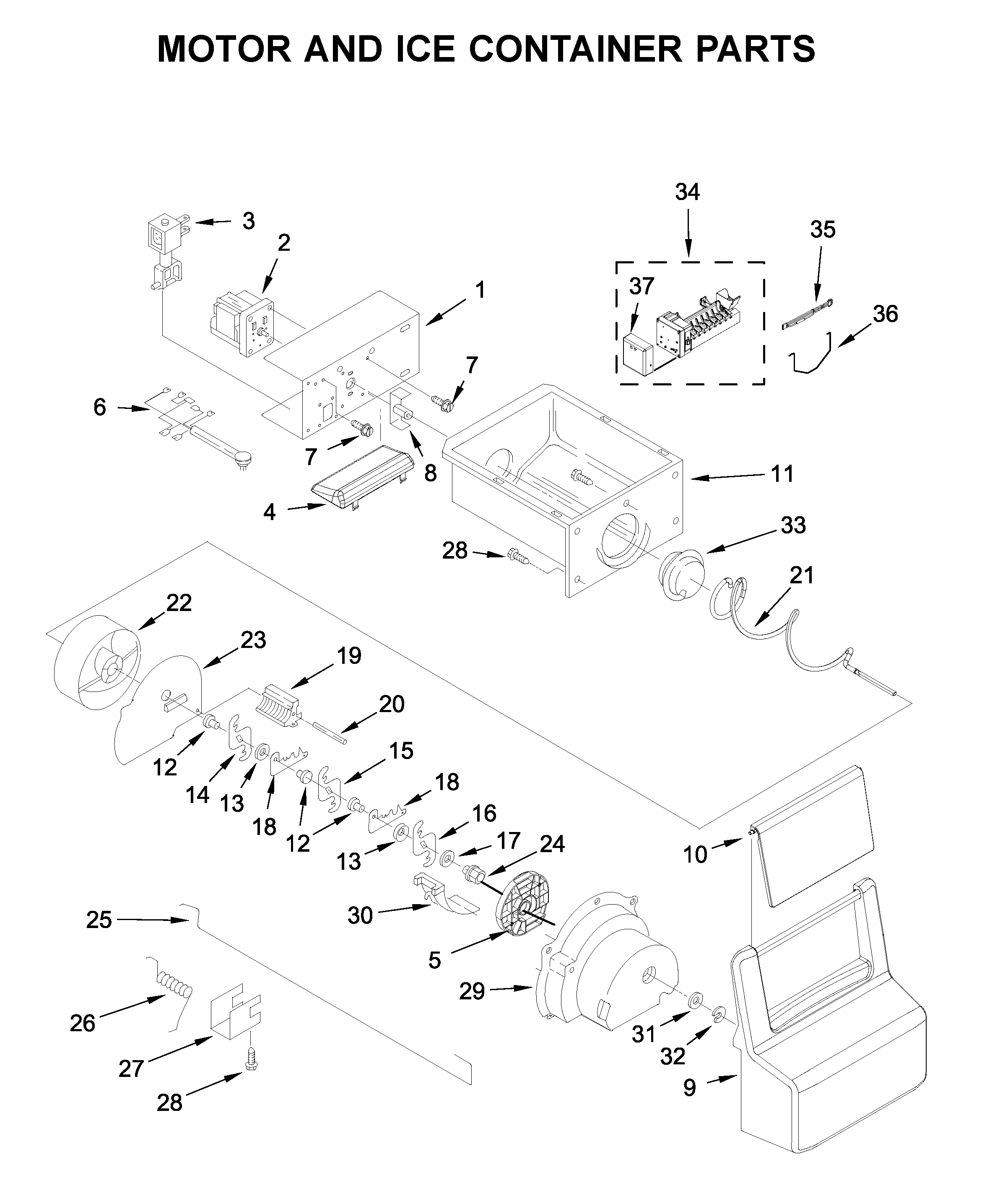 Kenmore 10650045713 motor and ice container parts diagram