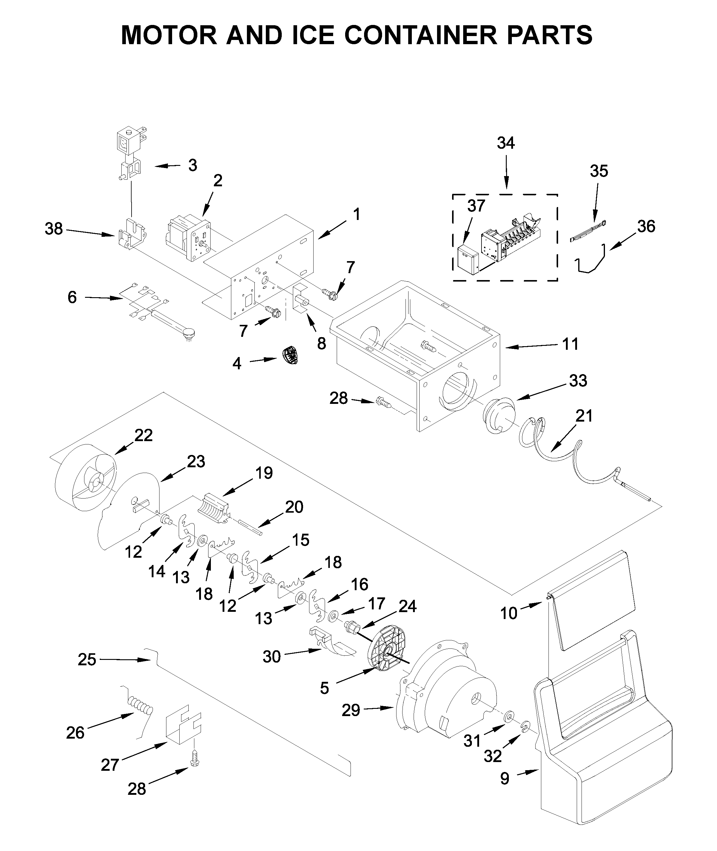 Kenmore 1064651759713 motor and ice container parts diagram