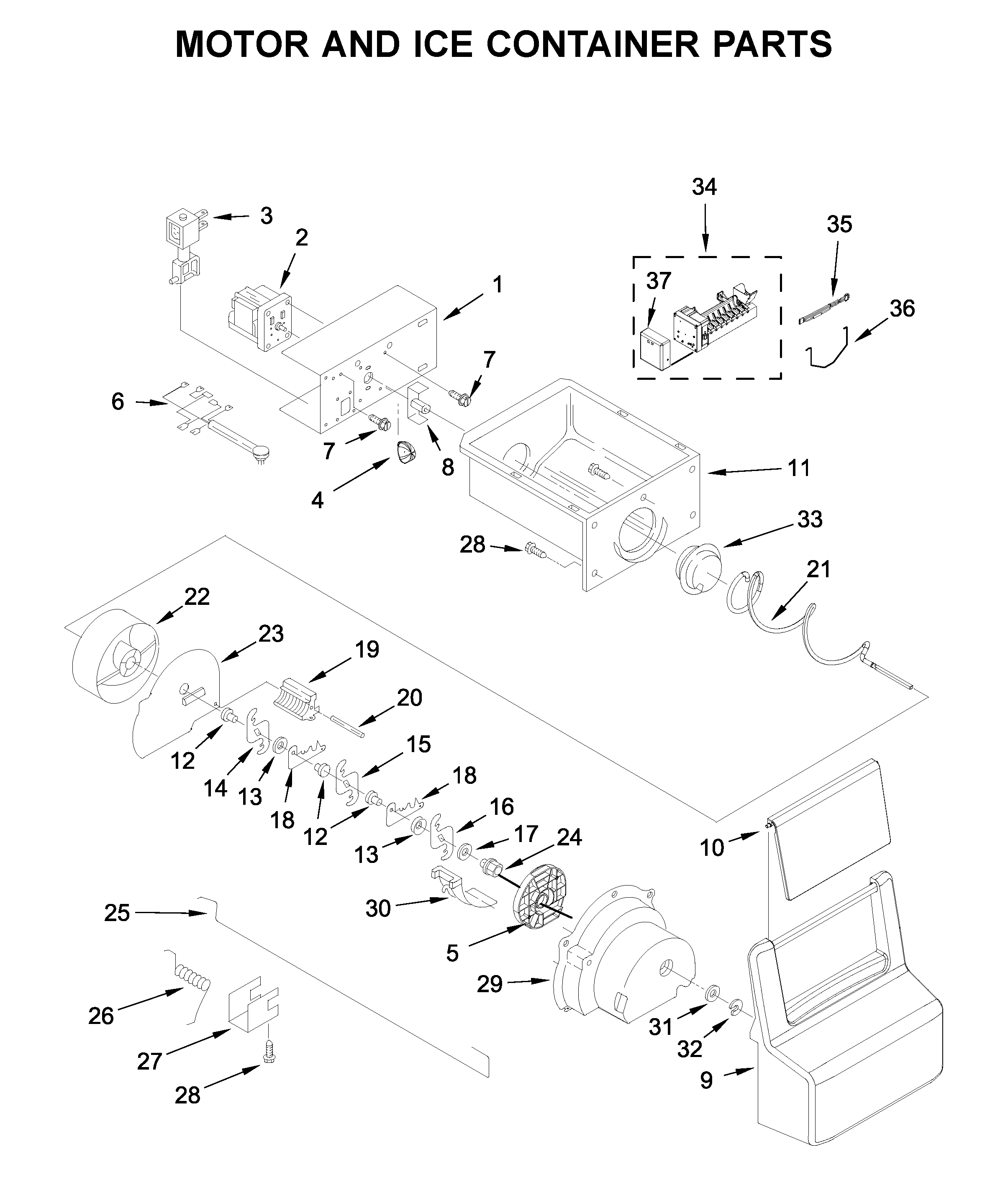 Kenmore 10650043714 motor and ice container parts diagram