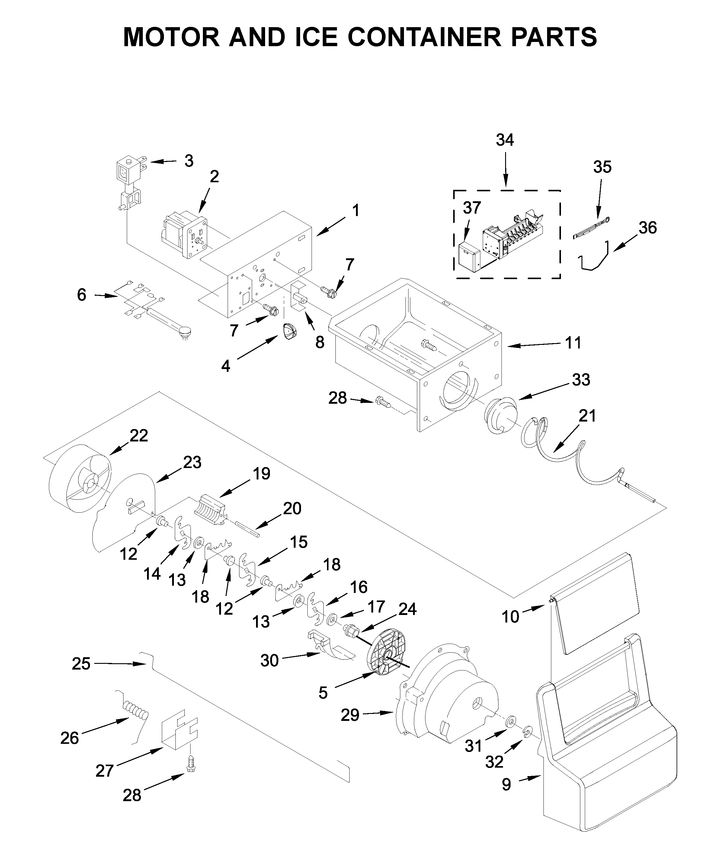 Kenmore 10650049713 motor and ice container parts diagram