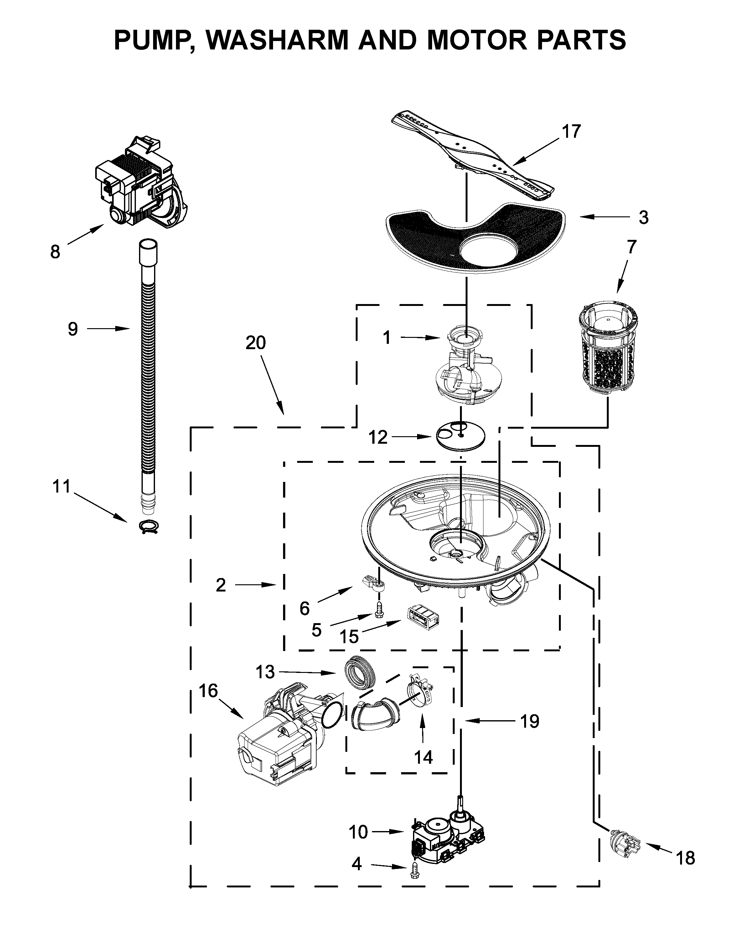 Kenmore 66513090N020 pump, washarm and motor parts diagram