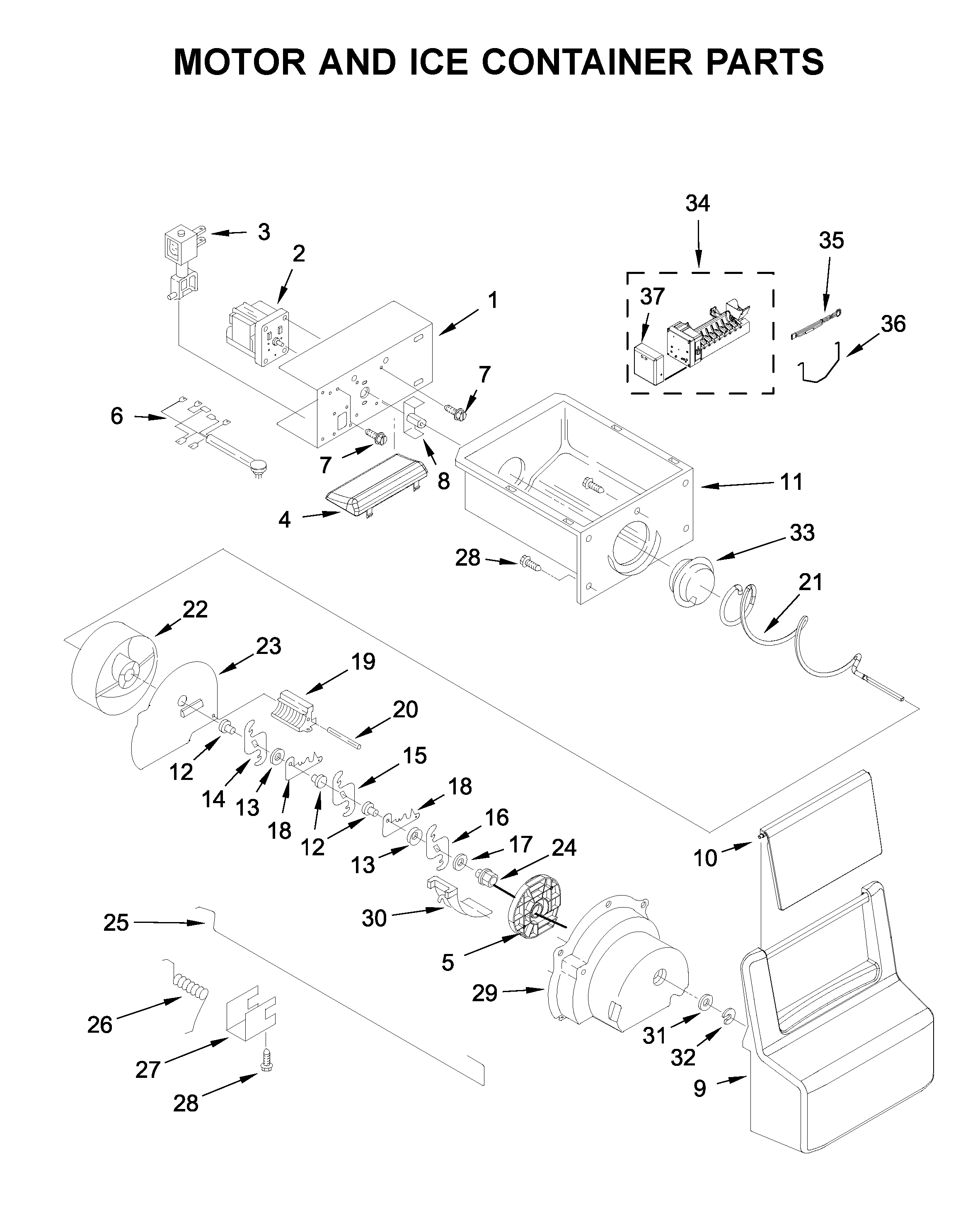 Kenmore 10650045714 motor and ice container parts diagram
