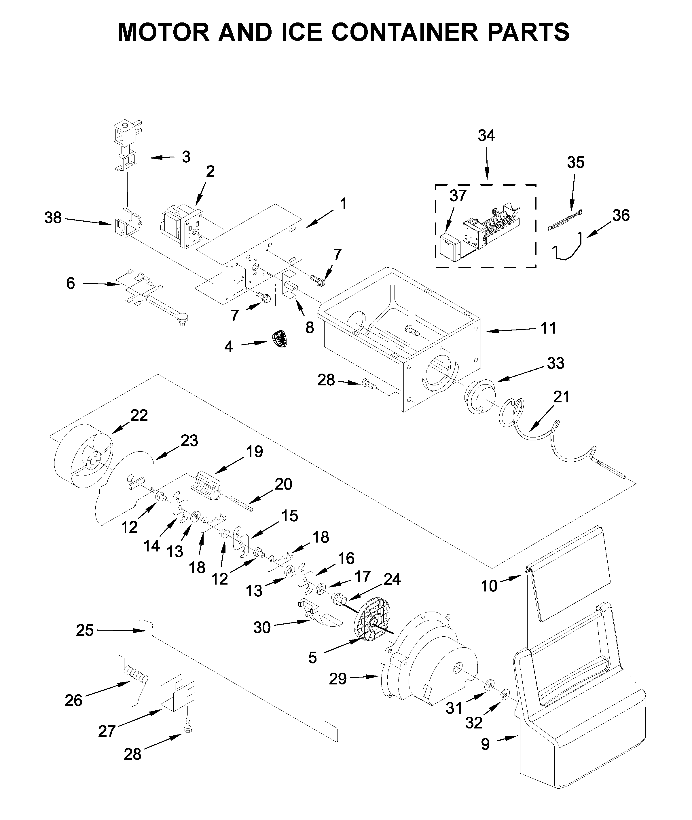 Kenmore 10651753714 motor and ice container parts diagram