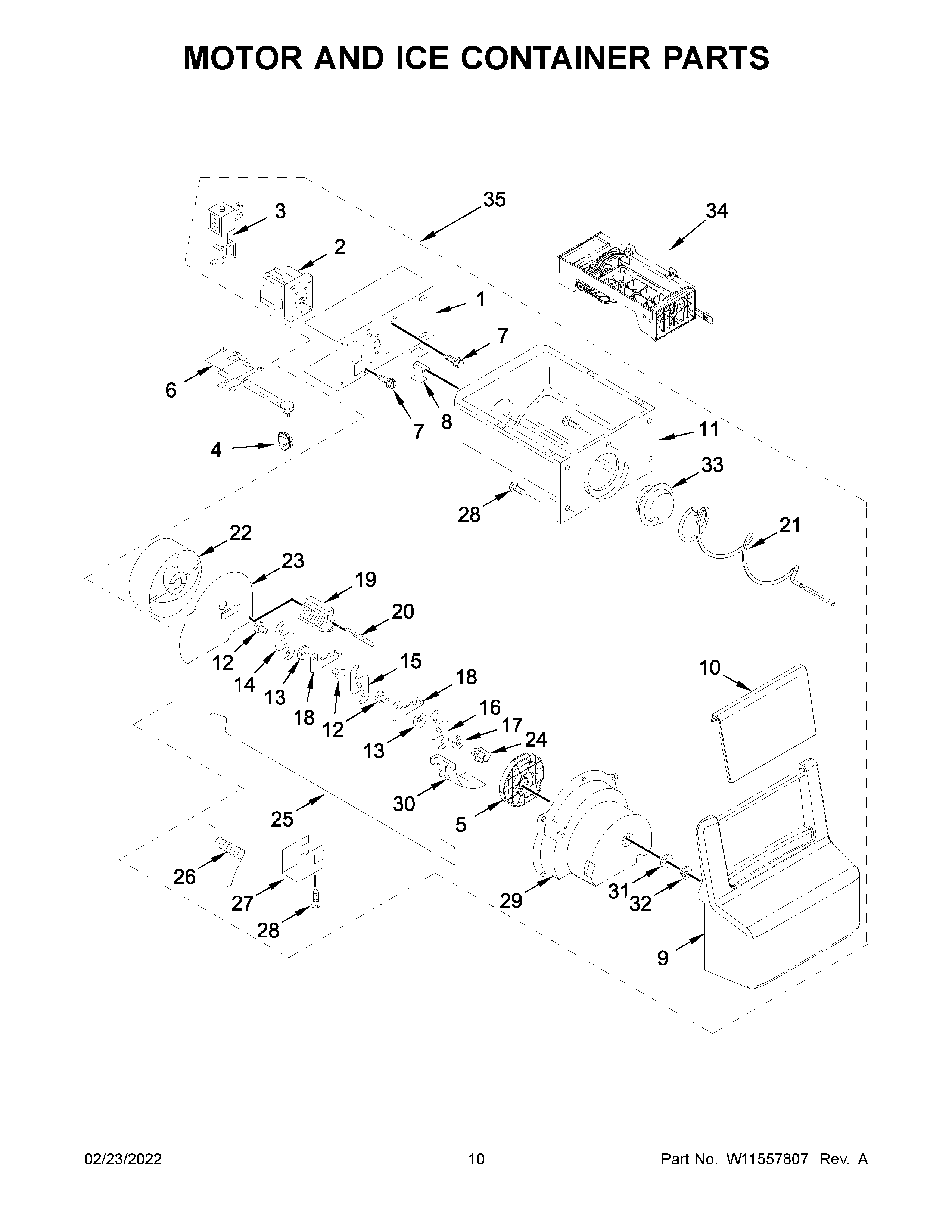 Kenmore 10650043717 motor and ice container parts diagram