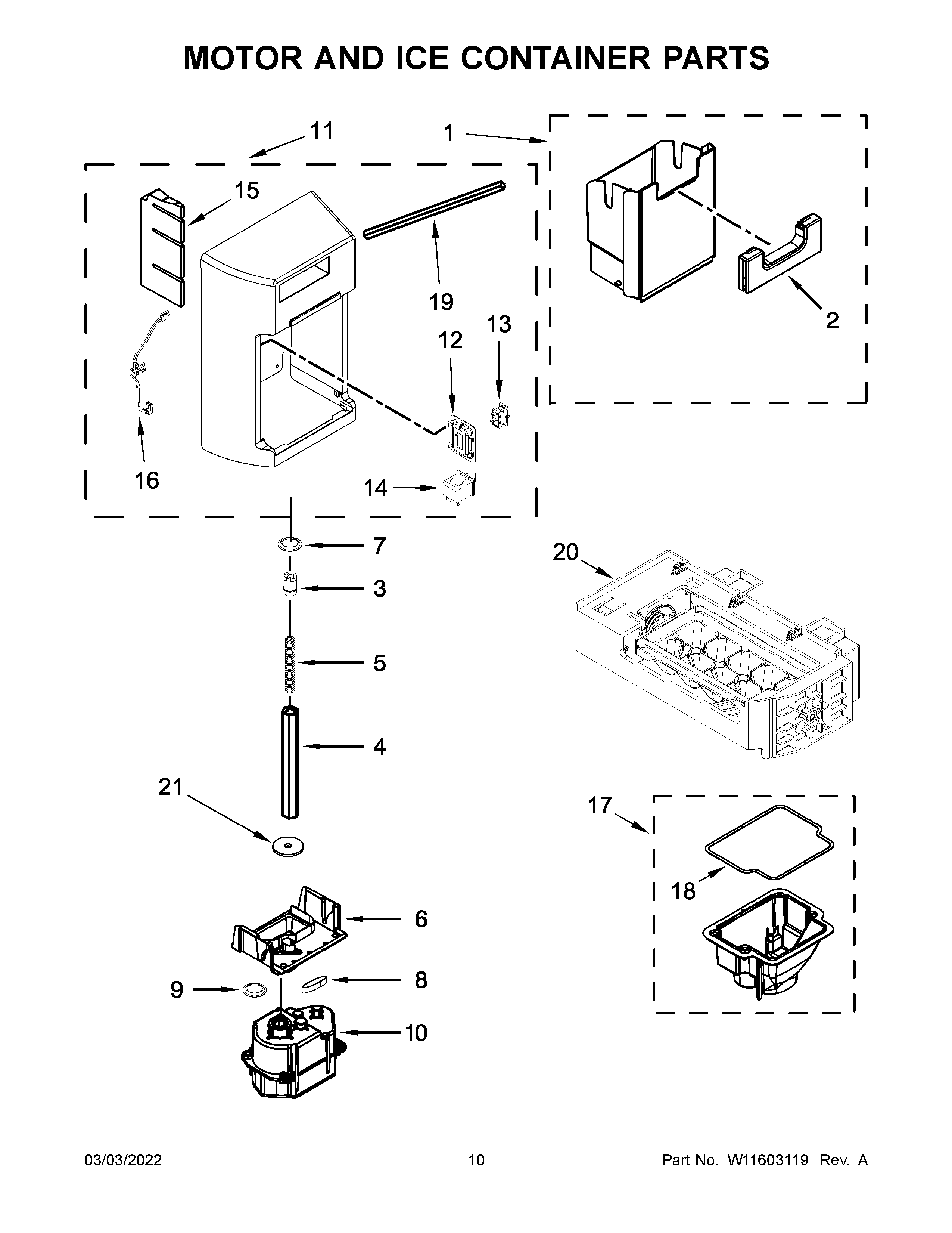 Kenmore 10651339716 motor and ice container parts diagram
