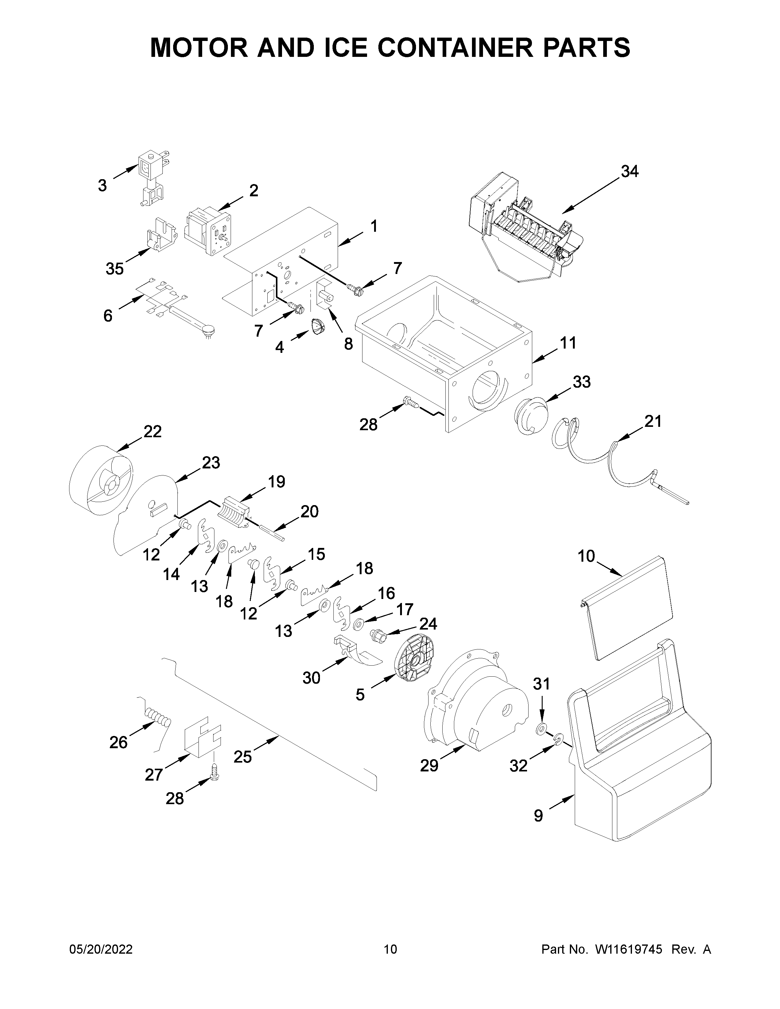 Kenmore 10651753718 motor and ice container parts diagram