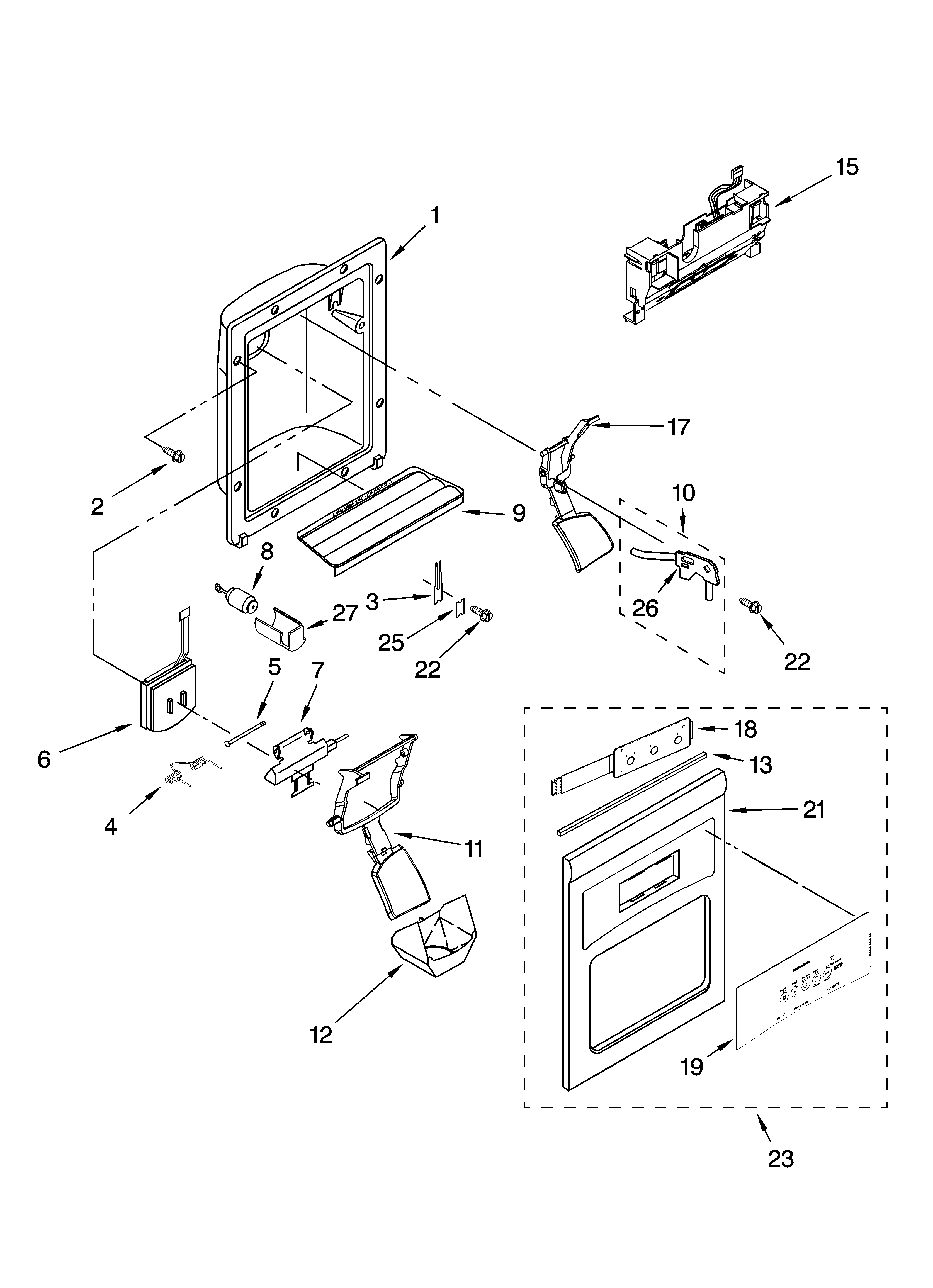Kenmore Elite 10658973700 dispenser front parts diagram