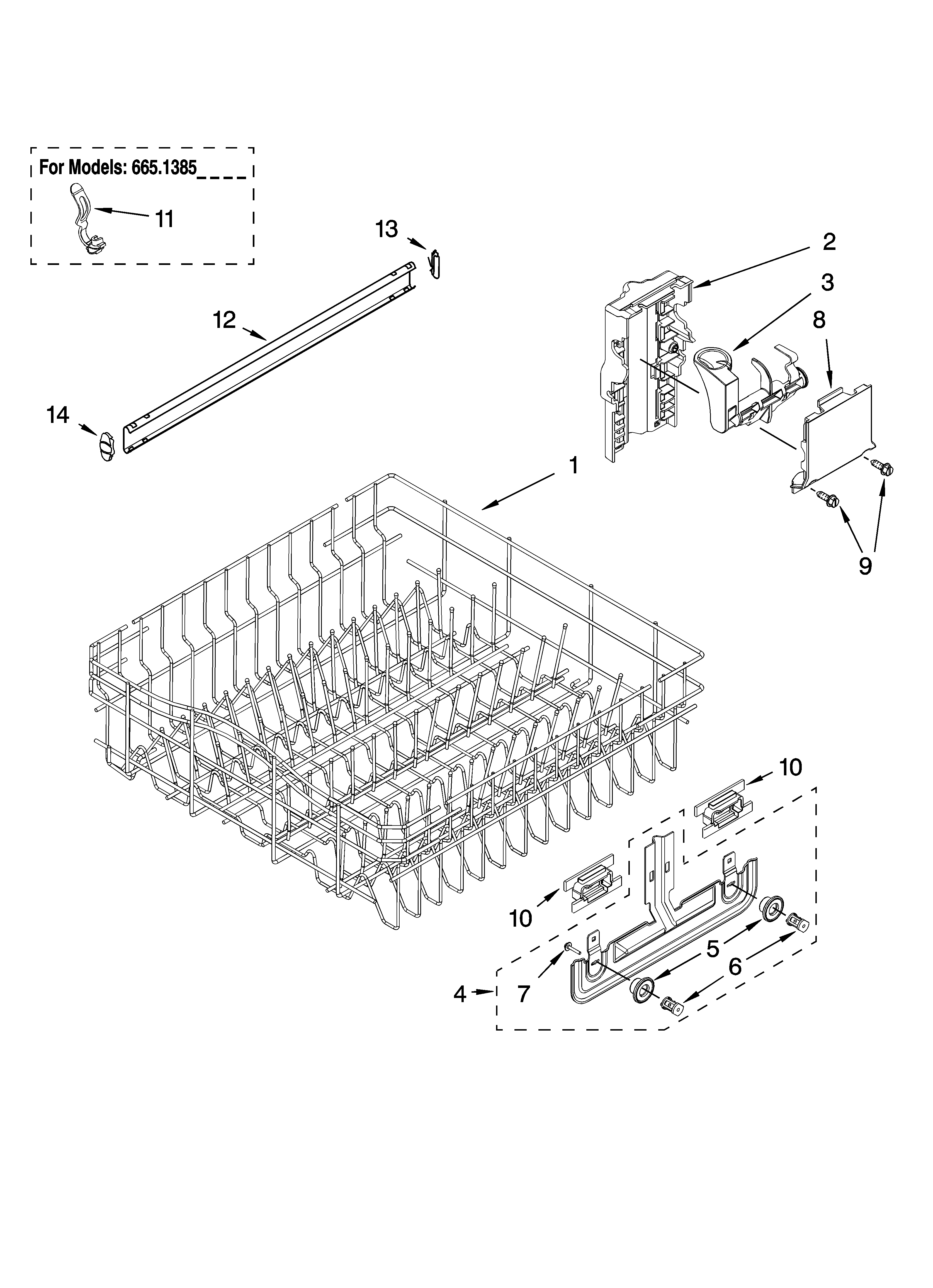 Kenmore Elite 66513852K600 upper rack and track parts diagram