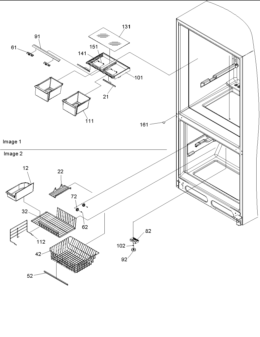 Amana BR18V2C-P1320709WC crisper assy & freezer feature assy diagram