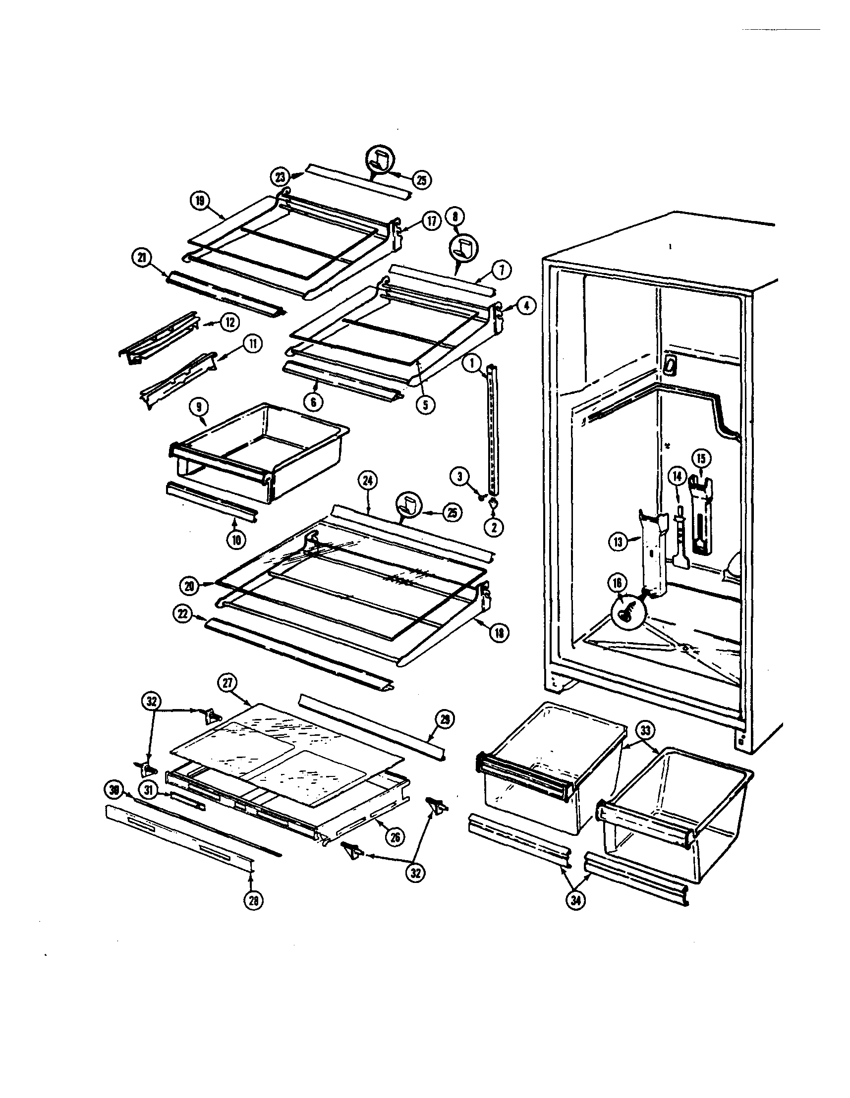 Maytag NT218MA shelves and accessories diagram