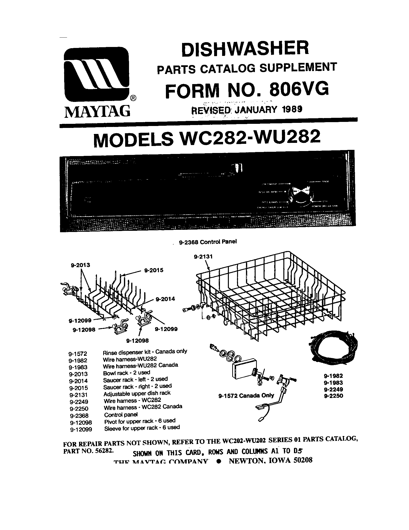 Maytag WU282 dishracks diagram