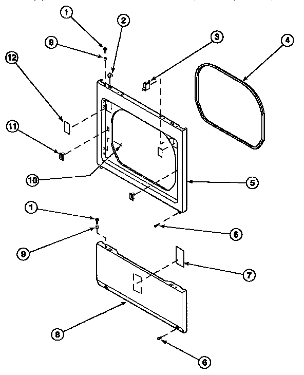 Amana LE8107W2-PLE8107W2 lower access panel, front panel and seal diagram