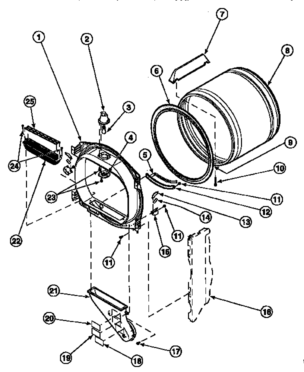 Amana LE8107W2-PLE8107W2 fr blkhd, air duct, felt seal & cylinder diagram