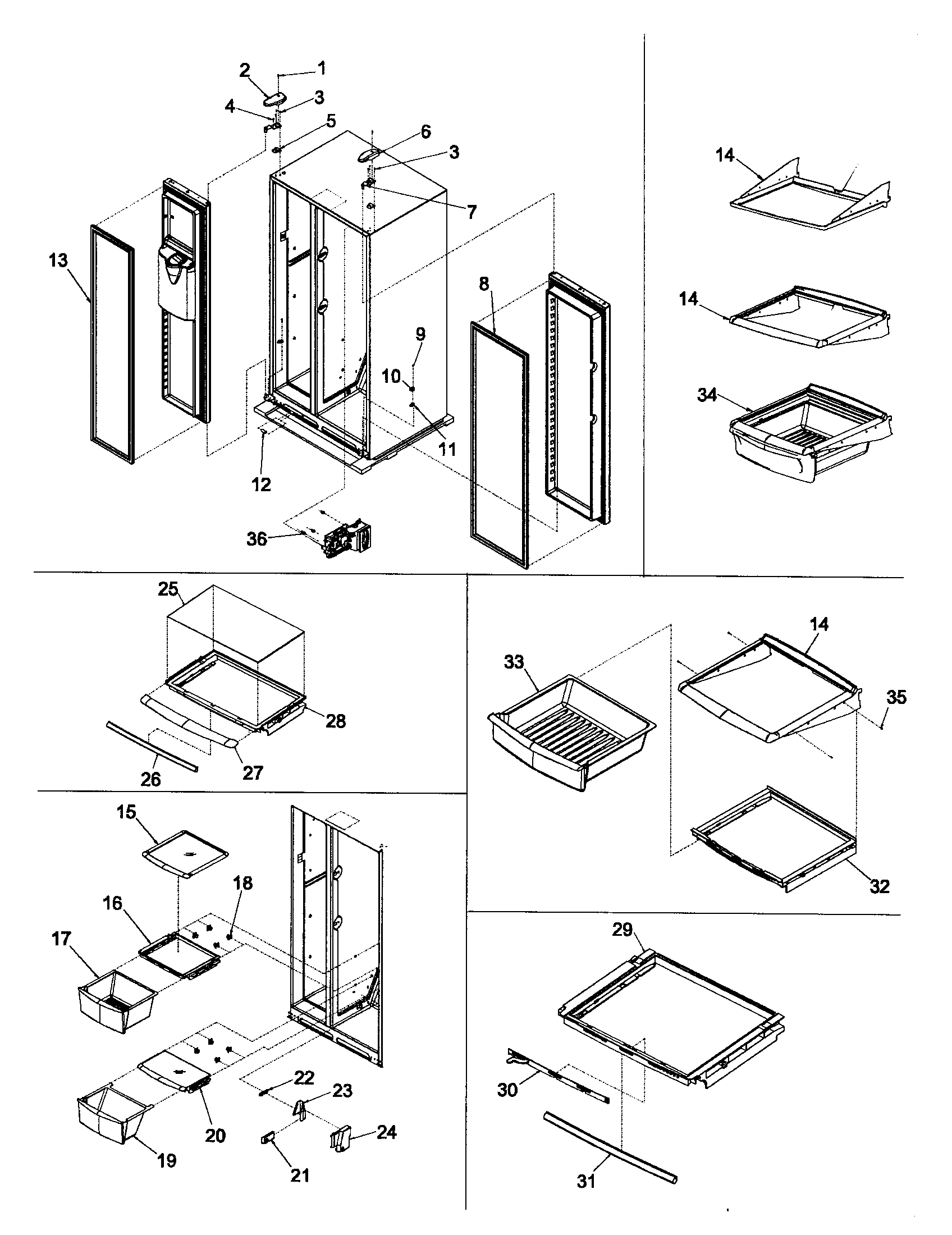 Kenmore 59652674200 hinges, & refrigerator shelving diagram