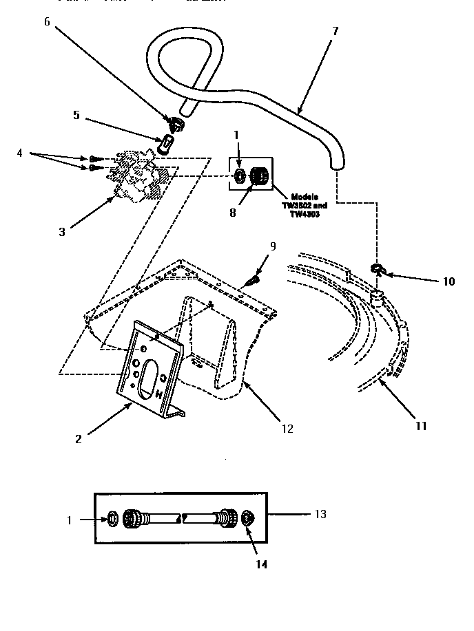 Amana LWM423L-P1176404WL inlet/fill hose & mixing vlv mtg brkt diagram