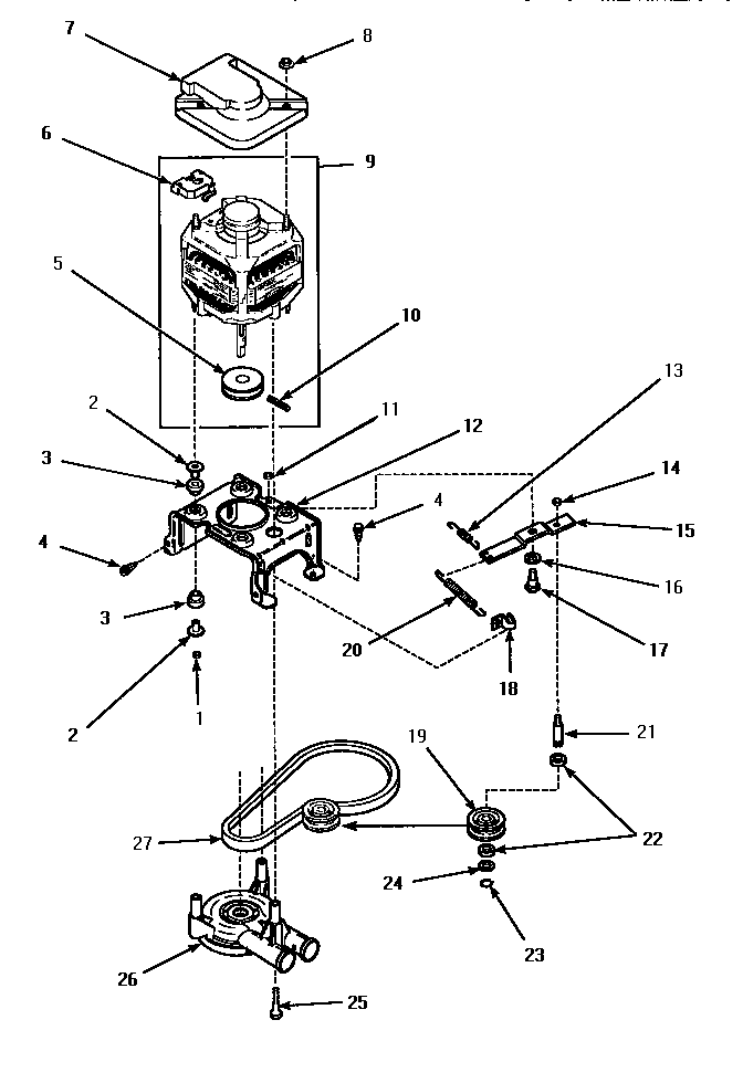 Amana LWM423L-P1176404WL motor, mtg brkt, belt, pump & idler assy diagram