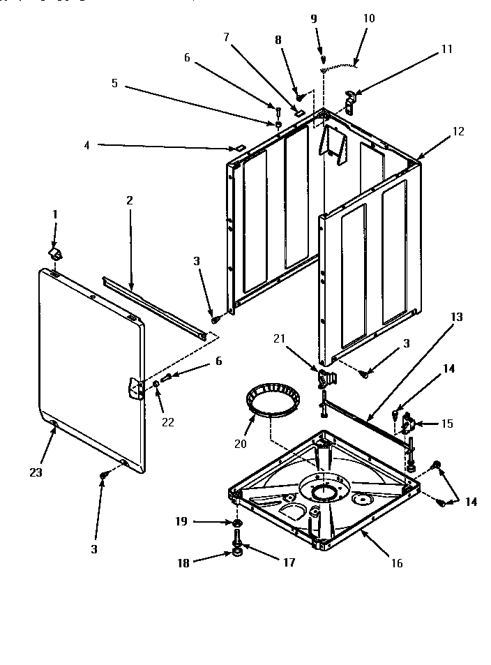 Amana LWM423L-P1176404WL front panel, base & cabinet assy diagram