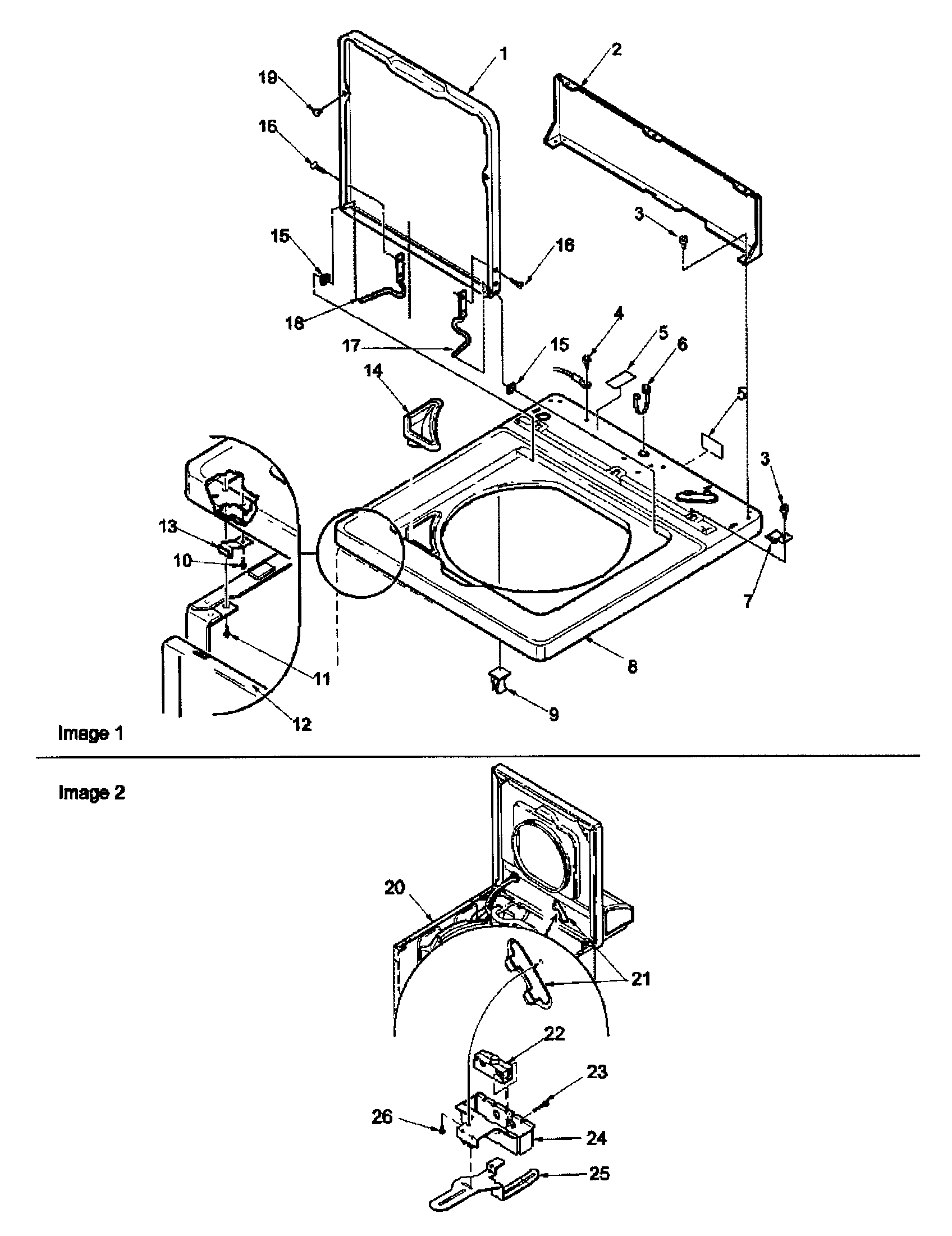 Amana LWD70AW-PLWD70AW cabinet top, loading door, and door swit diagram
