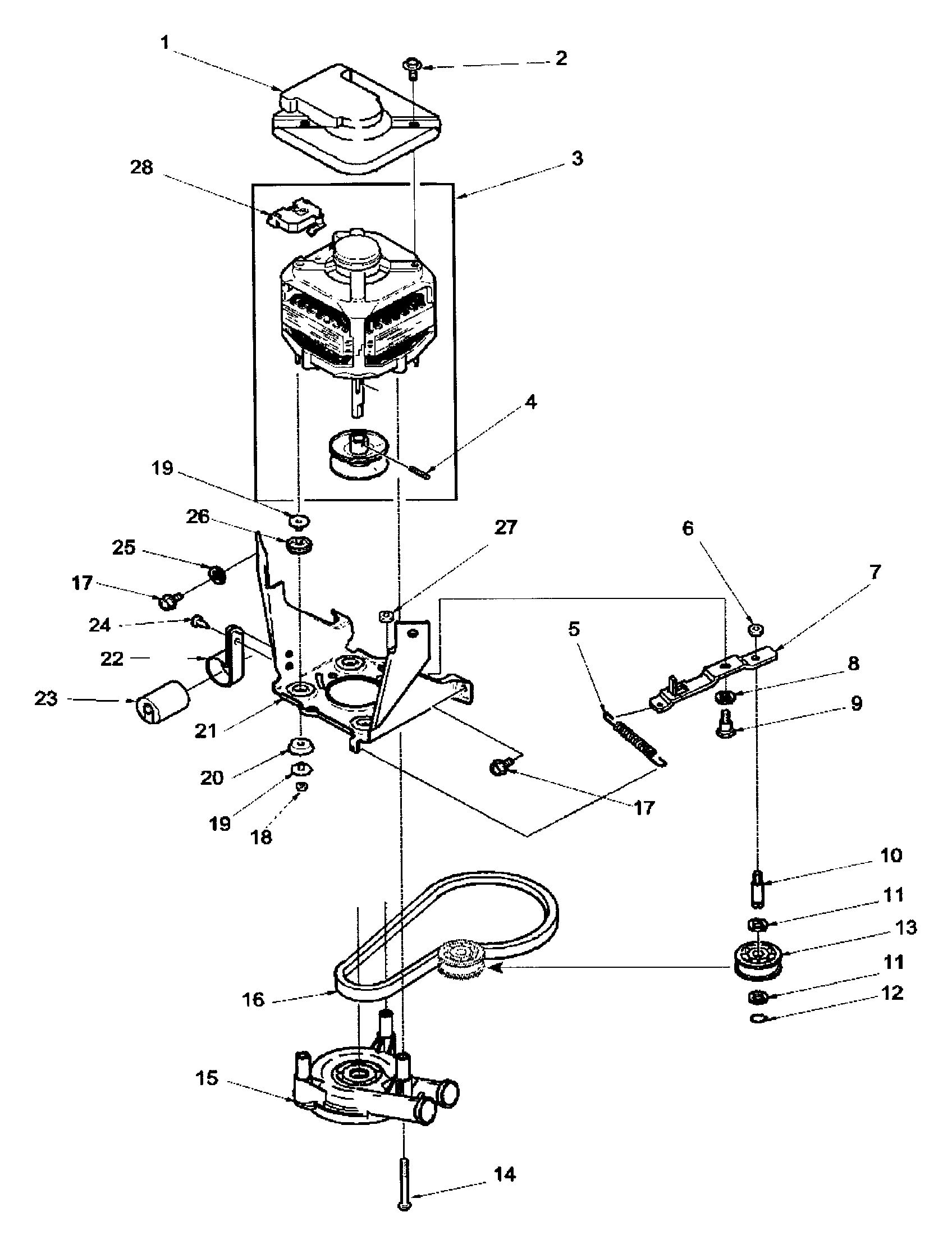 Amana LWD70AW-PLWD70AW motor, belt, pump, and idler assy diagram