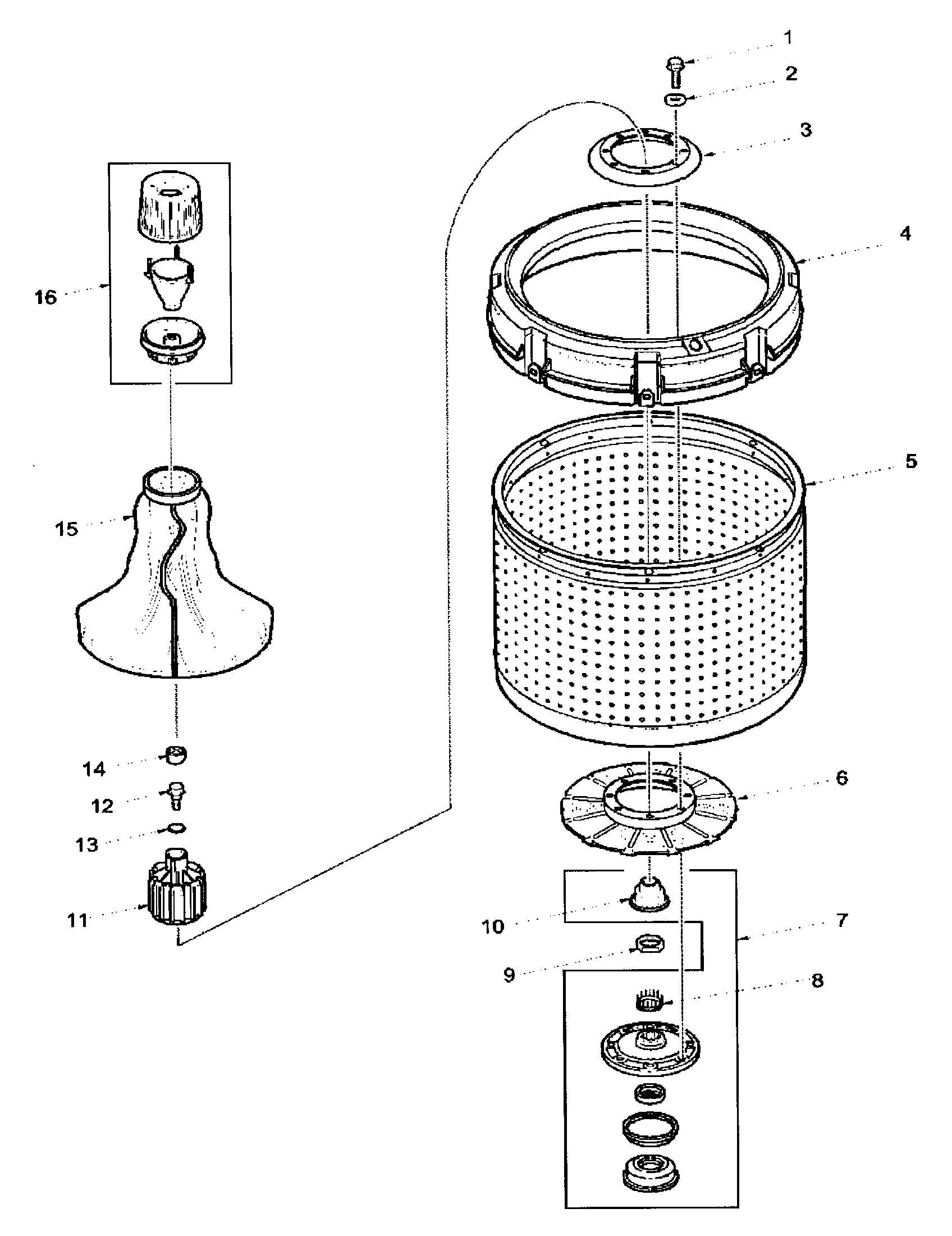 Amana LWD70AW-PLWD70AW agitator, drive bell, washtub and hub diagram