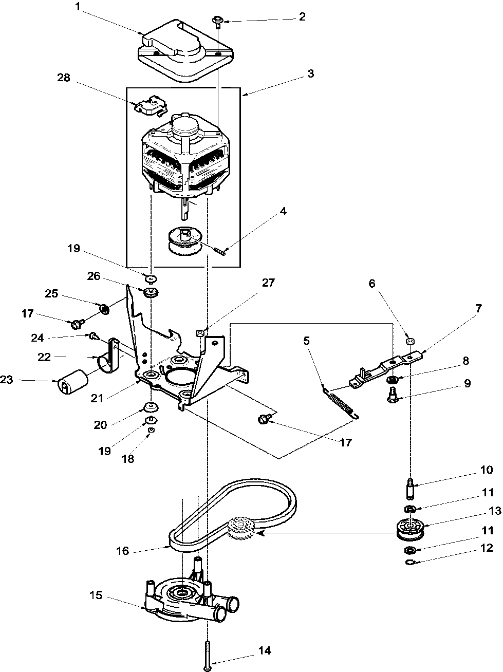 Amana LWC75AW-PLWC75AW motor, belt, pump, and idler assy diagram