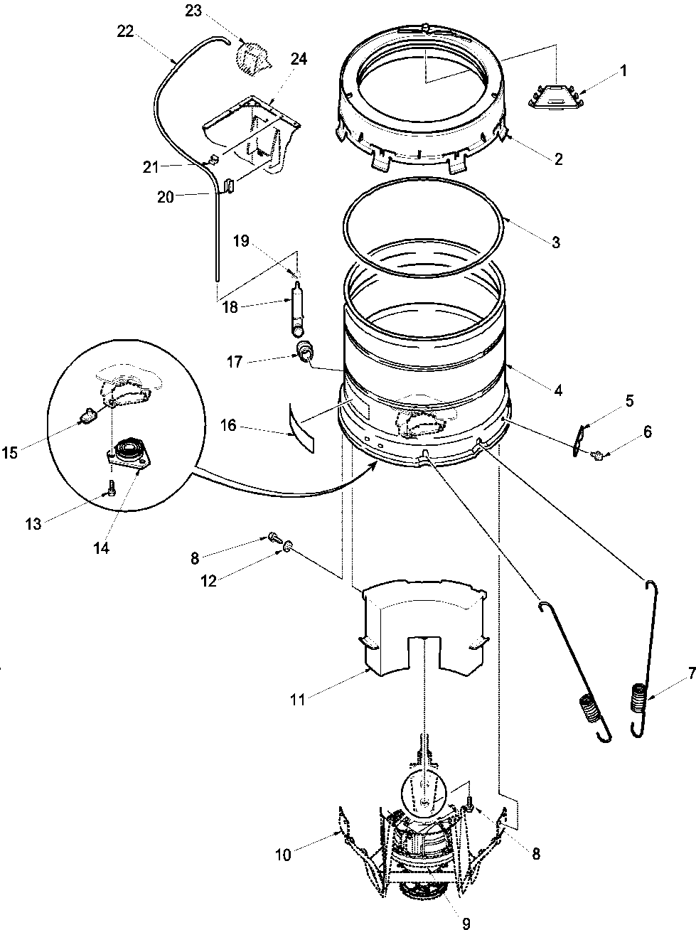 Amana LWD40AW-PLWD40AW outer tub, cover, pressure tube diagram