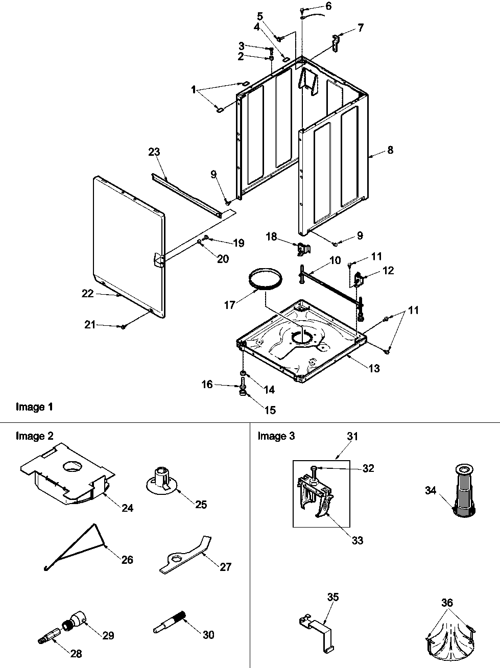 Amana LWD40AW-PLWD40AW front panel, base, and special tools diagram