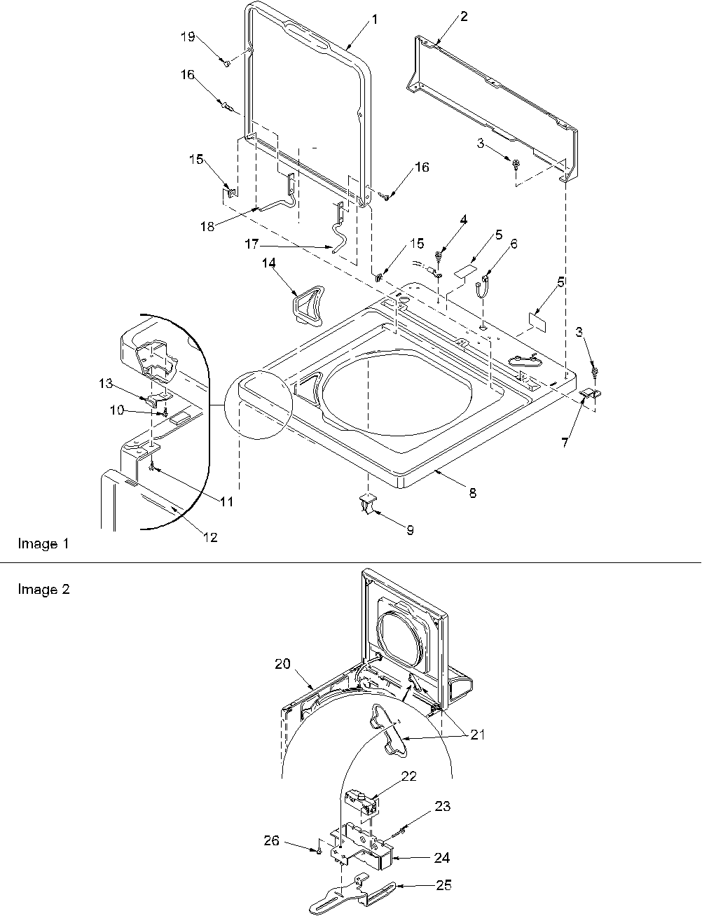 Amana LWX20AW-PLWX20AW cabinet top, loading door & switch diagram