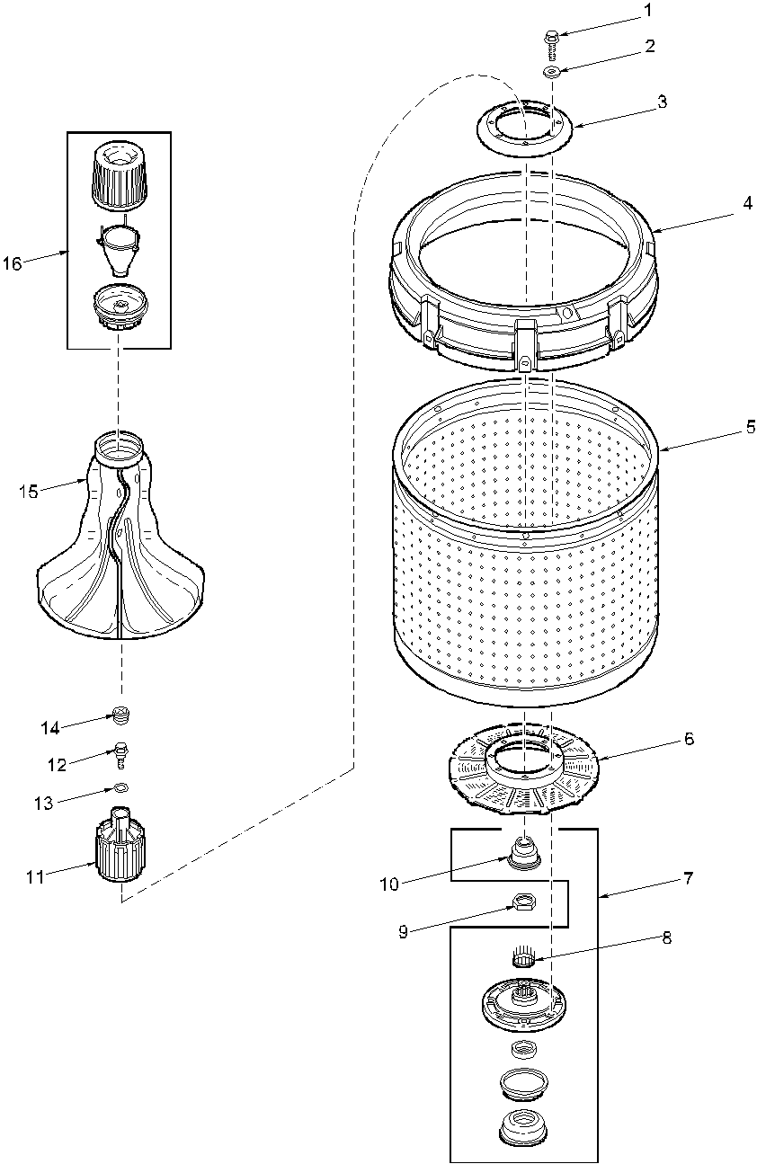 Amana LWX20AW-PLWX20AW agitator, drive bell, washtub and hub diagram