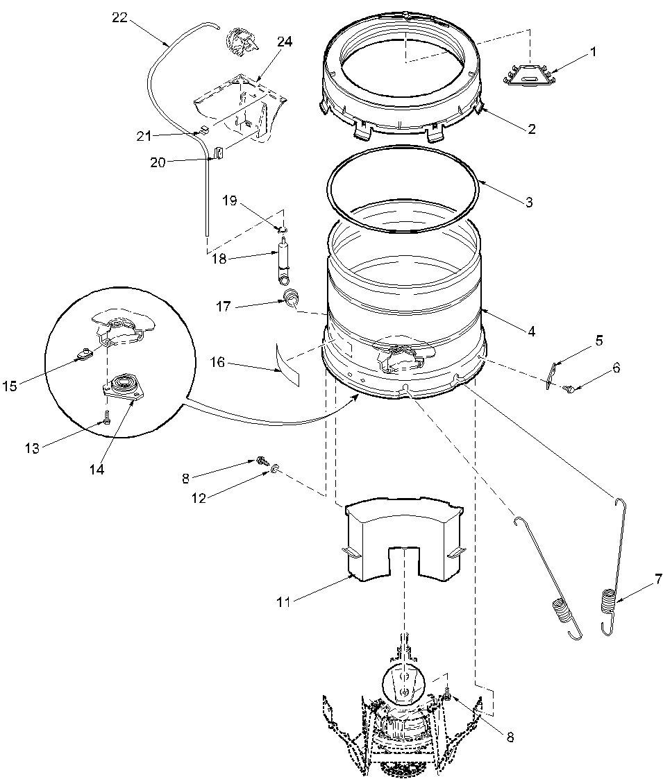 Amana LWX20AW-PLWX20AW outer tub, cover, pressure tube diagram