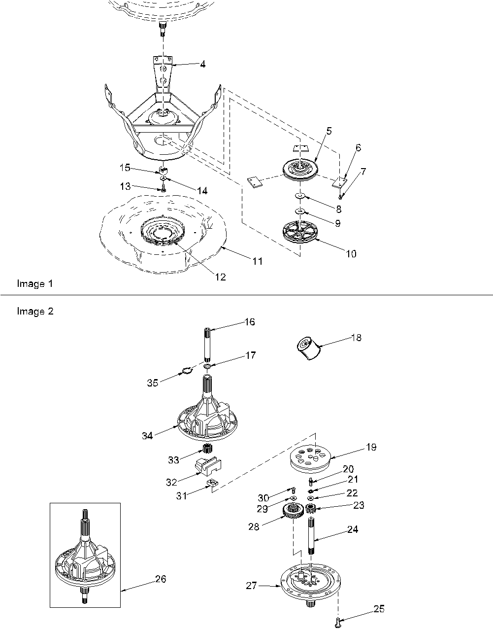 Amana LWX20AW-PLWX20AW weldment/bearing & transmission assy diagram