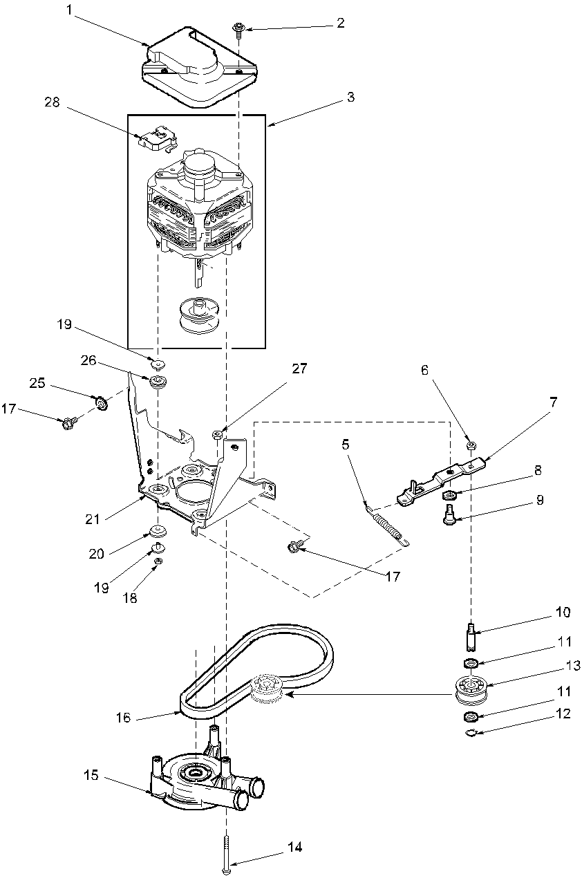 Amana LWX50AW-PLWX50AW motor, belt, pump, and idler assy diagram