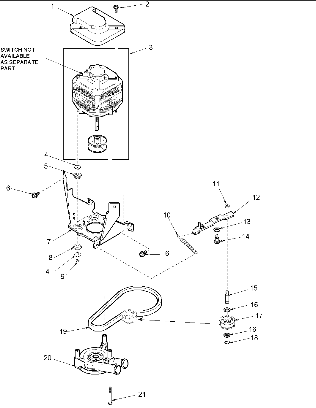 Amana LWG65AW-PLWG65AW motor, belt, pump, and idler assy diagram