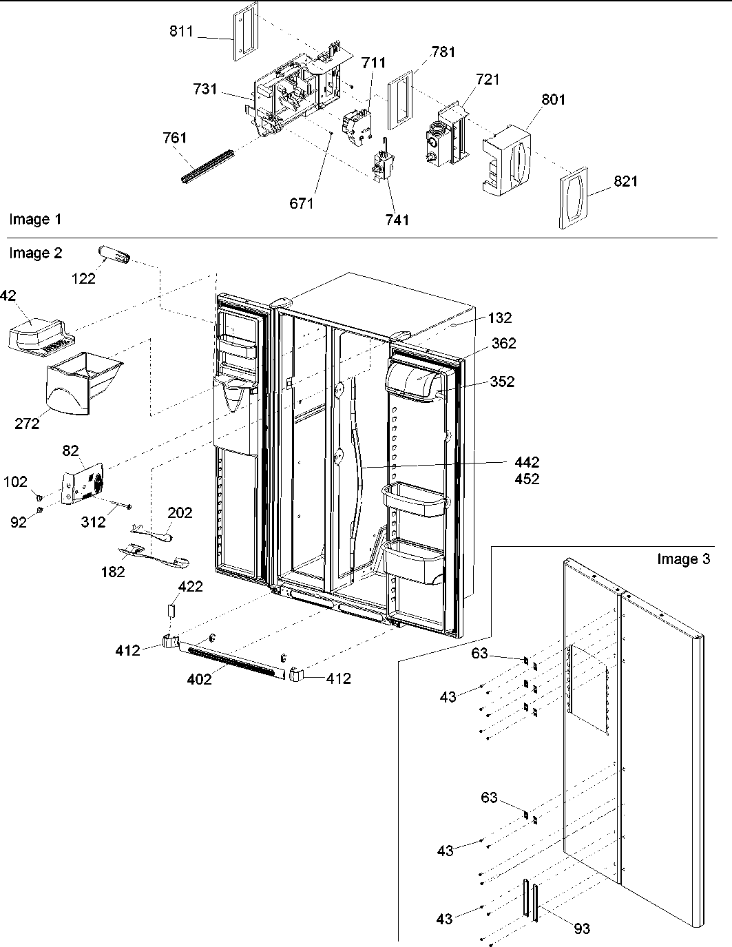 Amana ARS266RBC-PARS266RBC0 controls, light shield & door handles diagram