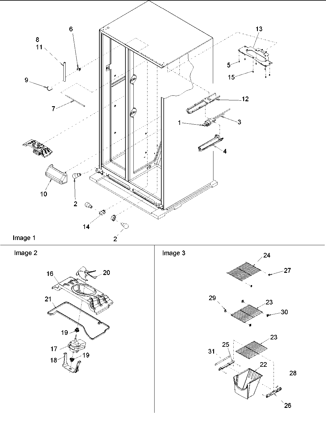 Amana DRSE663BC-PDRSE663BC0 fz shelving, filter assy, evap fan motor diagram