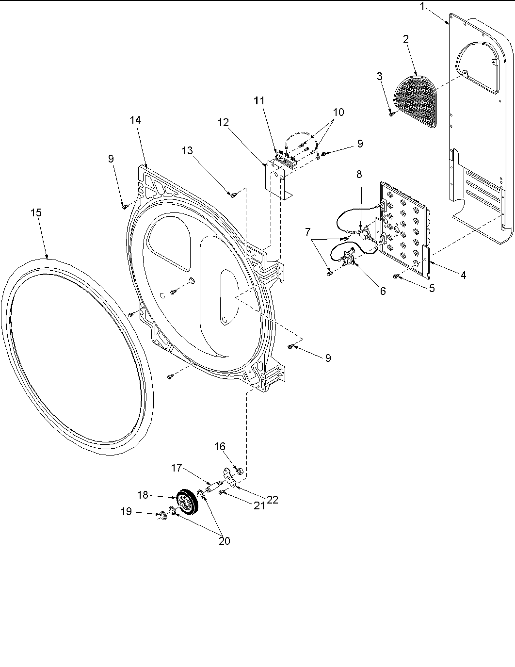 Amana LEC60AW-PLEC60AW rear bulkhead, felt seal & rollers diagram
